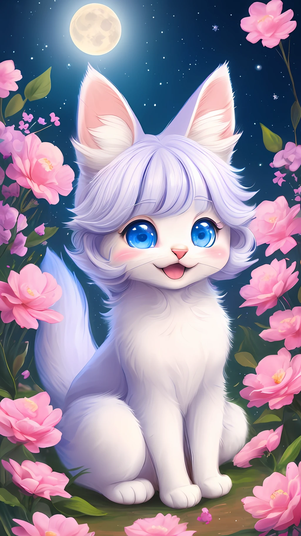 A kitten with a tiny tail, a small nose, small ears, blue eyes, pink background, flowers, vases, dreams, open mouth, smile, Caroline Chariot-Dayez pastels, tumblr, furry art, elokitty, Disney's Bambi cat, Disney's stylized furry, ears floating, fluffy tail, fluffy '', fluffy !!!, high resolution, furry art!!! The moon, small in size