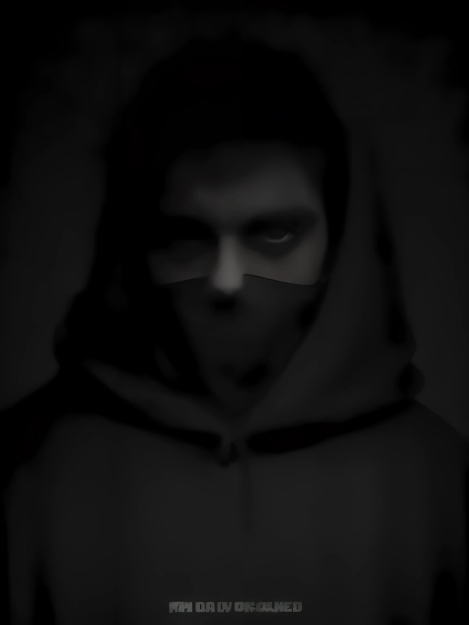 there is a man in a black shirt with a black hoodie, dark photo, scary photo, dark photograph, scary picture, dark portrait, eerie self - portrait, dark eerie photo, wearing all black mempo mask, background ( dark _ smokiness ), very very low quality picture, scary look, distorted photo, with black eyes, with glowing eyes