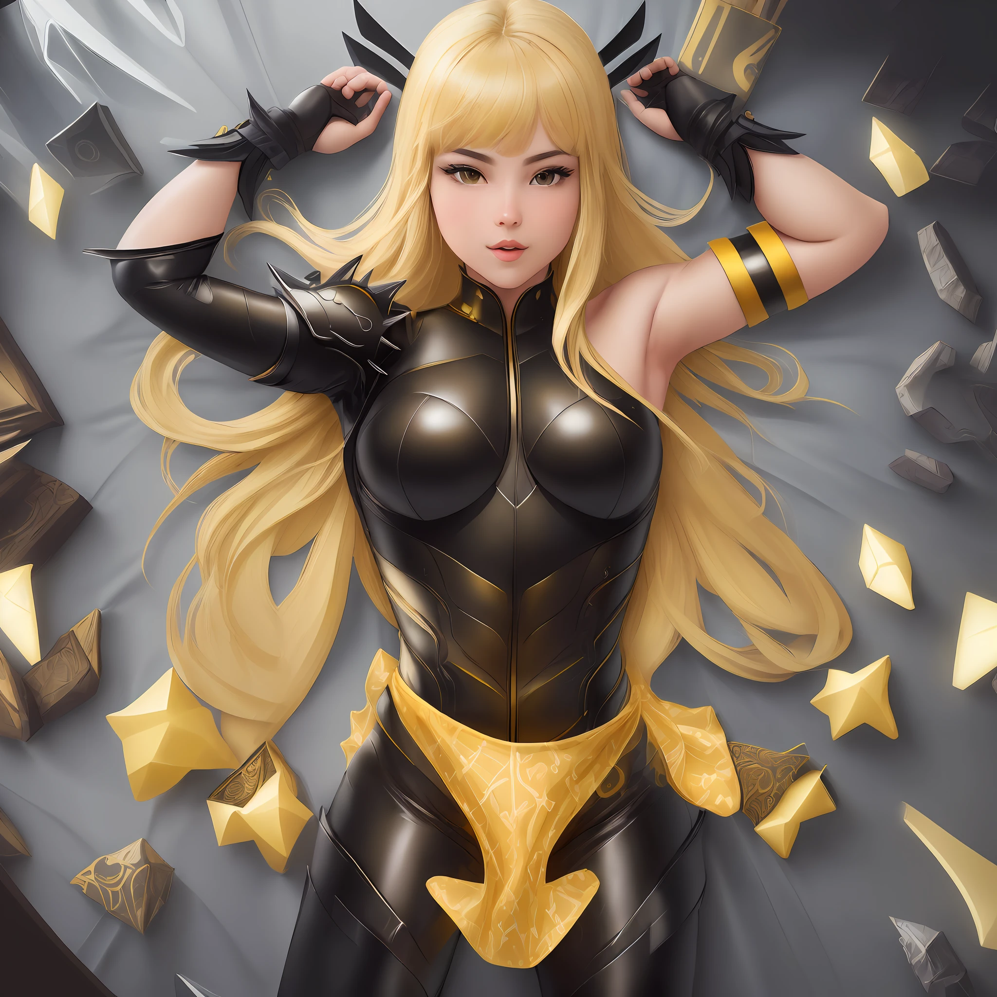 (((High-quality))), masterpiece, ultra-detailed, extremely detailed, floating, high resolution, dynamic pose, dynamic angle, in-beb, beautiful bedroom, beautiful sheets, yellow and black outfit, 1menina, Magik, armpits, exquisite details.
