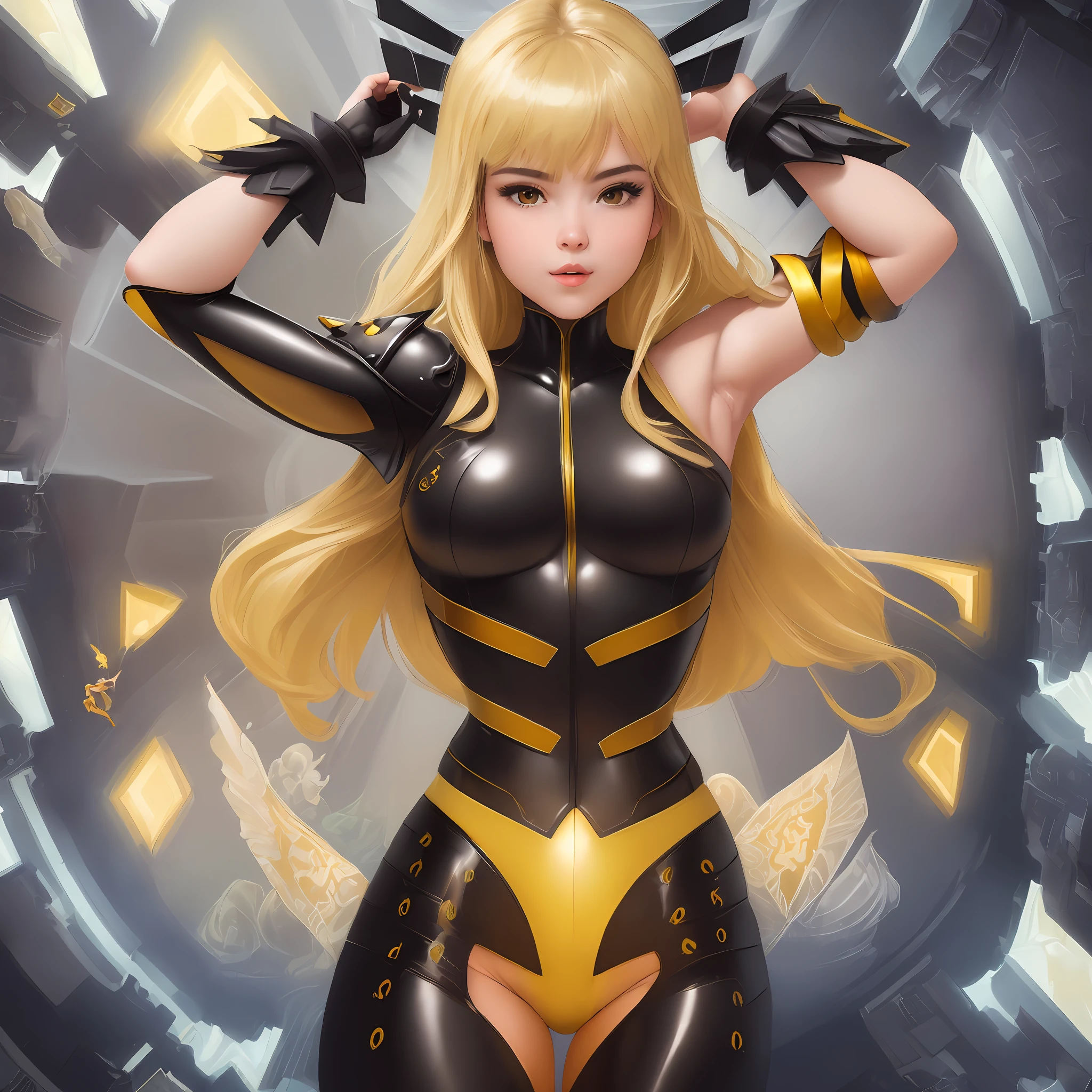 (((High-quality))), masterpiece, ultra-detailed, extremely detailed, floating, high resolution, dynamic pose, dynamic angle, in-beb, beautiful bedroom, beautiful sheets, yellow and black outfit, 1menina, Magik, armpits, exquisite details.