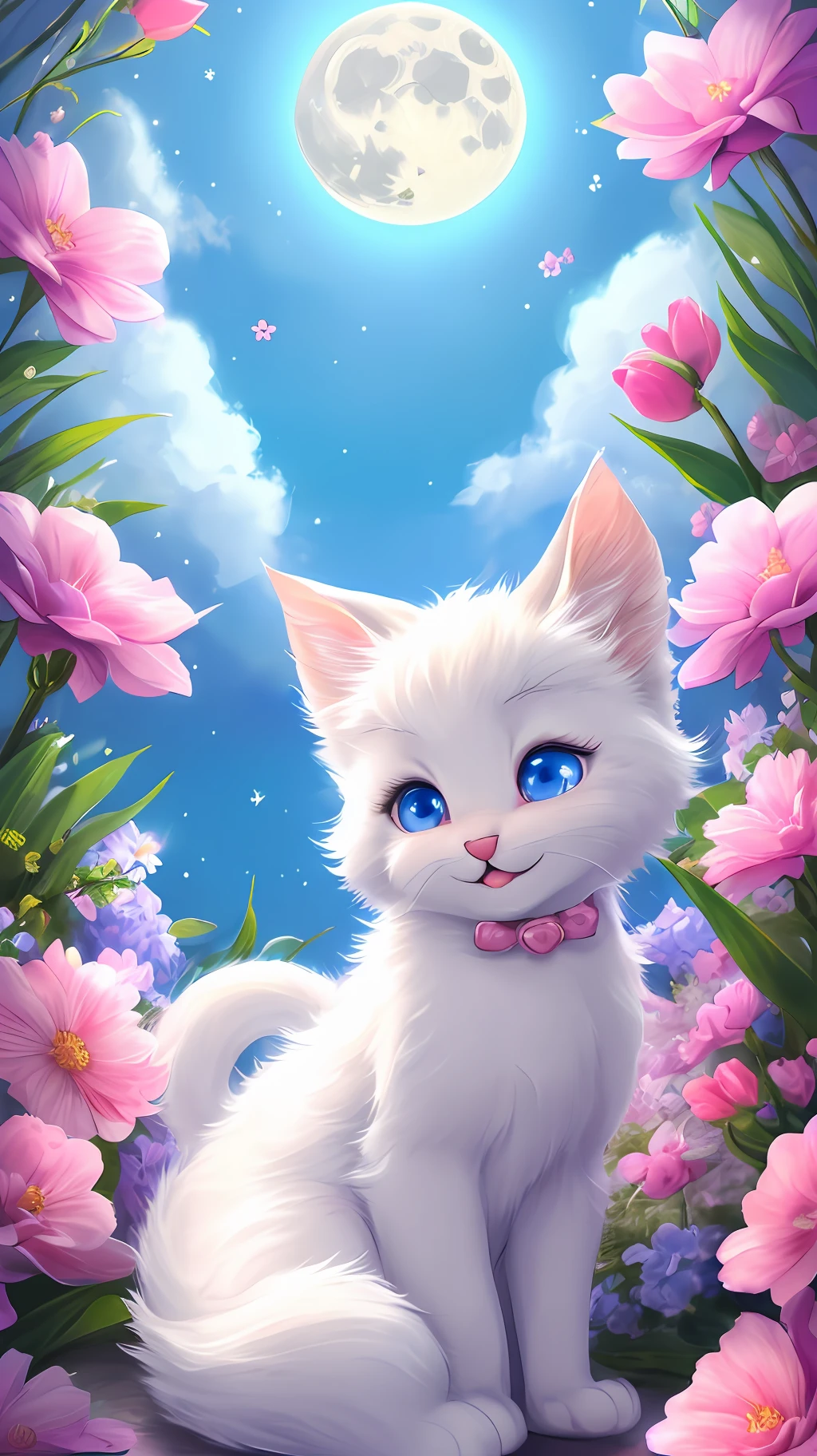 A kitten with a tiny tail, a small nose, small ears, blue eyes, pink background, flowers, vases, dreams, open mouth, smile, Caroline Chariot-Dayez pastels, tumblr, furry art, elokitty, Disney's Bambi cat, Disney's stylized furry, ears floating, fluffy tail, fluffy '', fluffy !!!, high resolution, furry art!!! The moon, small in size