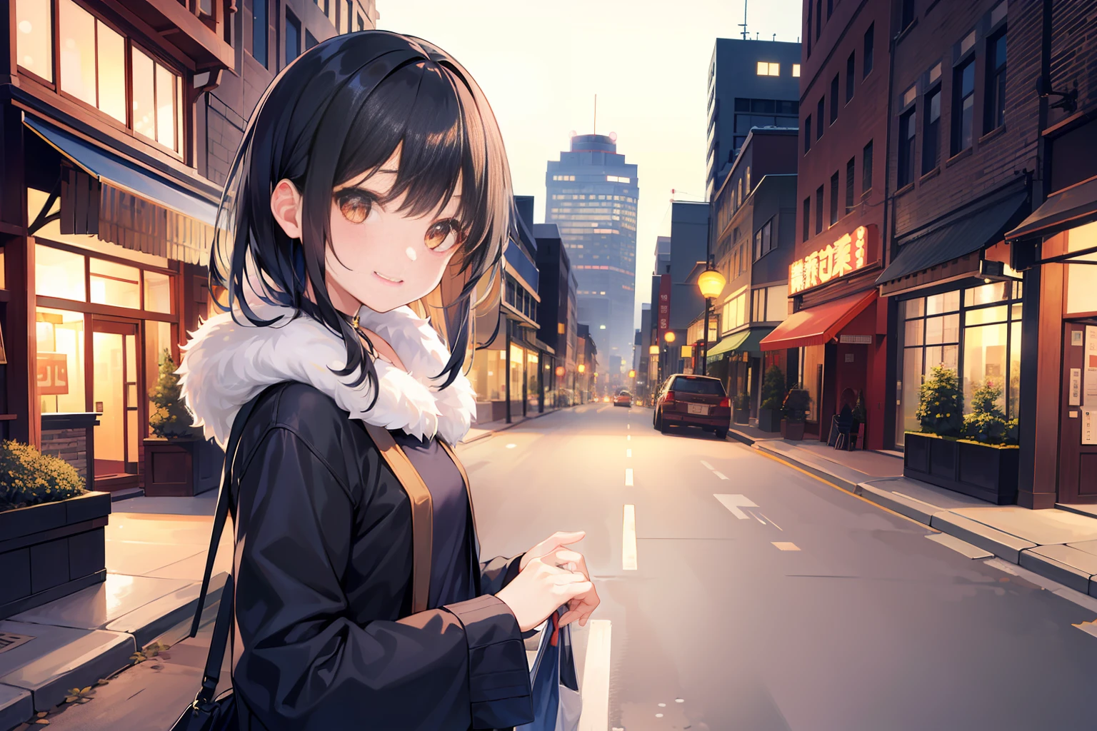 (morning), 1girl, 独奏, 看着观众, winter, cowboy shot, (downtown), cowboy shot, smile, black hair