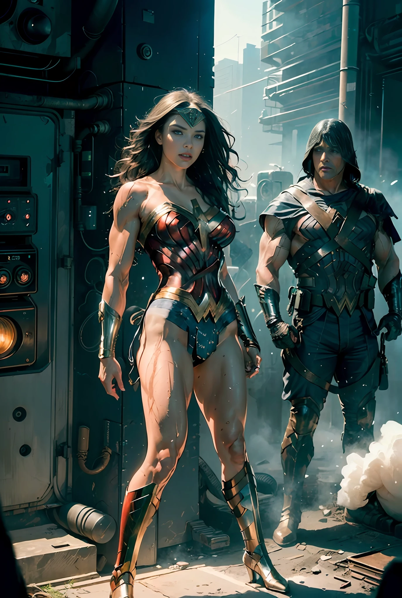 (Masterpiece, Top Quality),1girl ,{{Depth of field}}, Hyper detail, 1woman, (Victoria's Secret Model Wonder Woman), Single, Full Body, (Intricate Details, Makeup), (Delicate and beautiful delicate face, delicate and beautiful delicate eyes, face with perfect proportions), High-detail skin, delicate skin, Best proportions Four fingers and one thumb, strong and realistic blue eyes, realistic black hair, lips, makeup, natural skin texture, tiara, leotard, bulletproof cuffs, red boots, (public clothing:1.3), slightly sunburned, mature, sexy, elastic muscles, (muscles:1.3), ((strong and healthy body)), (((((more) muscles))), wet body, wet hair, long legs, curves, thick thighs, wide buttocks, thin legs, (big breasts: 1.2), thin waist, soft waist, (delicate skin), (wet body: 1.0), (beautiful and sexy woman), (swollen lips: 0.9), (eyelashes: 1.2), very delicate muscle definition, crossing arms behind the back posture, A dystopian ghetto controlled by local gangs armed with hacked police weapons such as LED panel lights, EMP blasters and taser shotguns arranged in a square shape to mimic existing interior fixtures, ((top quality)), ((masterpiece)), ((realistic)), (detailed), physically-based rendering, cinematic lighting,