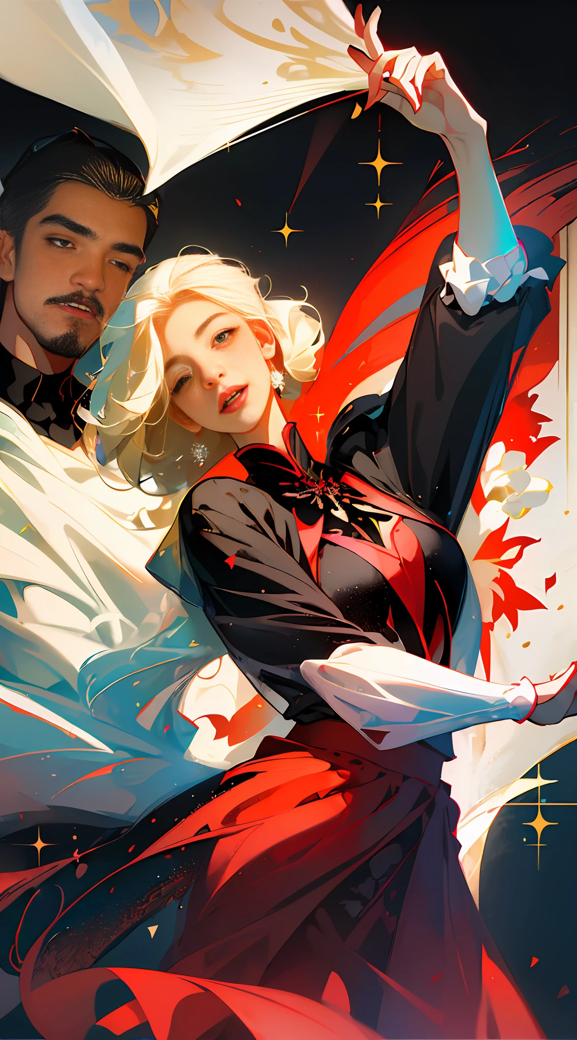 (Best quality, masterpiece), two figures, a man and a woman, delicate, fine face, blonde and a handsome man, black skirt, red embellishment, man in white, smile, relax, dancing pose, elegant, particles, wind, flower, upper body, simple background, with gear elements, background is modern times --v 6