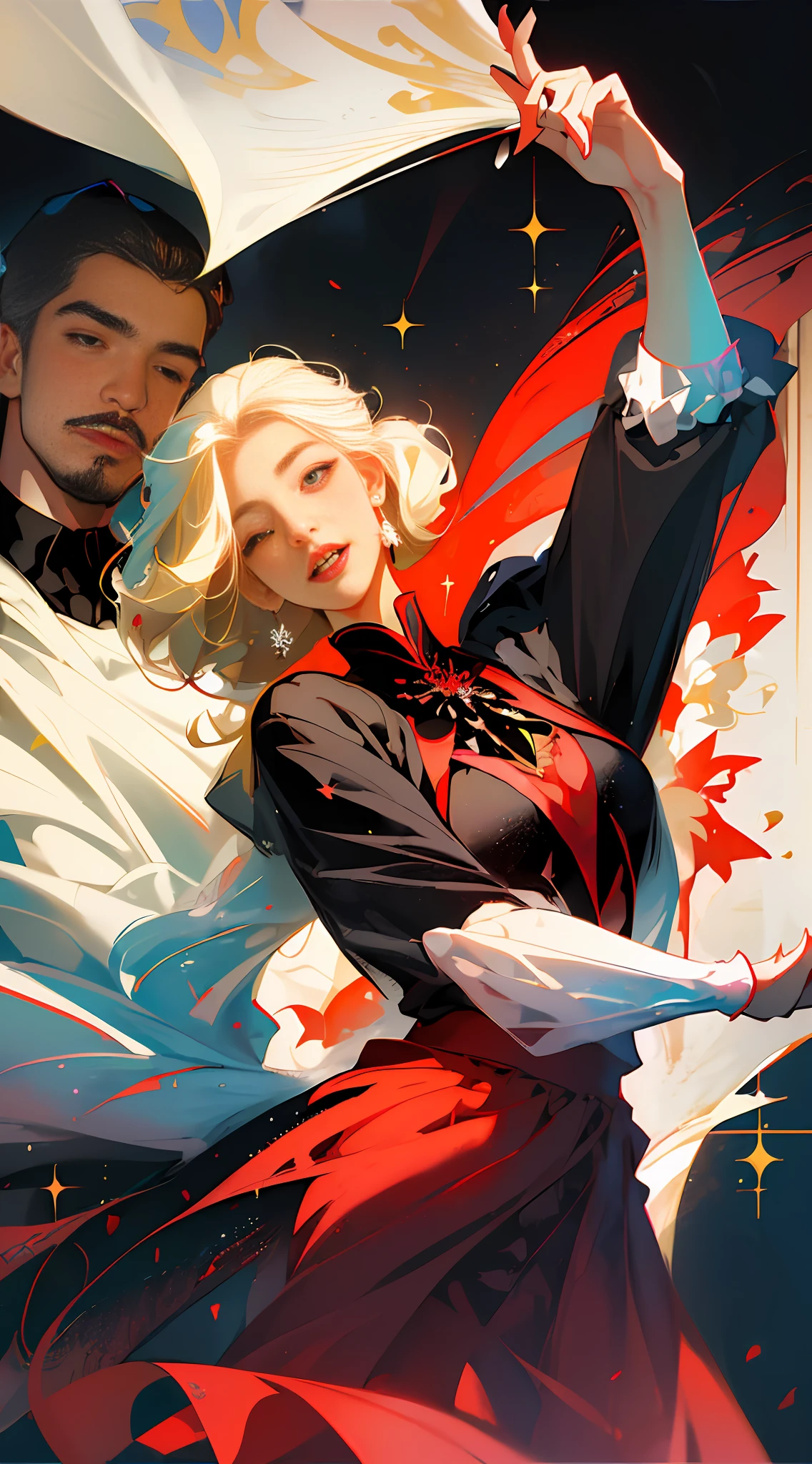 (Best quality, masterpiece), two figures, a man and a woman, delicate, fine face, blonde and a handsome man, black skirt, red embellishment, man in white, smile, relax, dancing pose, elegant, particles, wind, flower, upper body, simple background, with gear elements, background is modern times --v 6