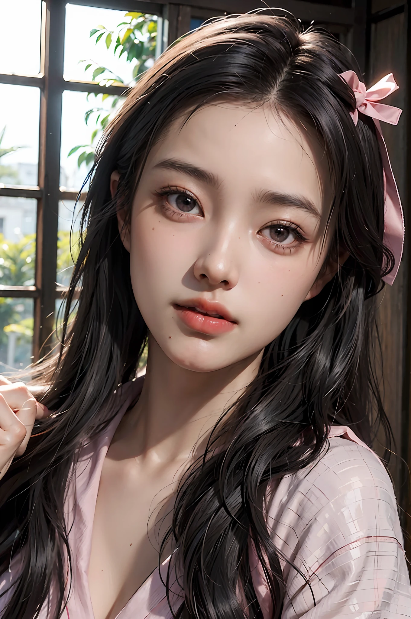 masterpiece, (photorealistic:1.5), realistic eyes, asian woman, best quality, beautiful lighting, professional lighting, photon mapping, radiosity, physically-based rendering, kamado nezuko, 1girl, black hair, forehead, hair ribbon, japanese clothes, kimono, long hair, multicolored hair, pink eyes, pink kimono, pink ribbon, ribbon, very long hair, bit gag, gagged, sky, ((aged up)), (RAW photo, 8k uhd, film grain),