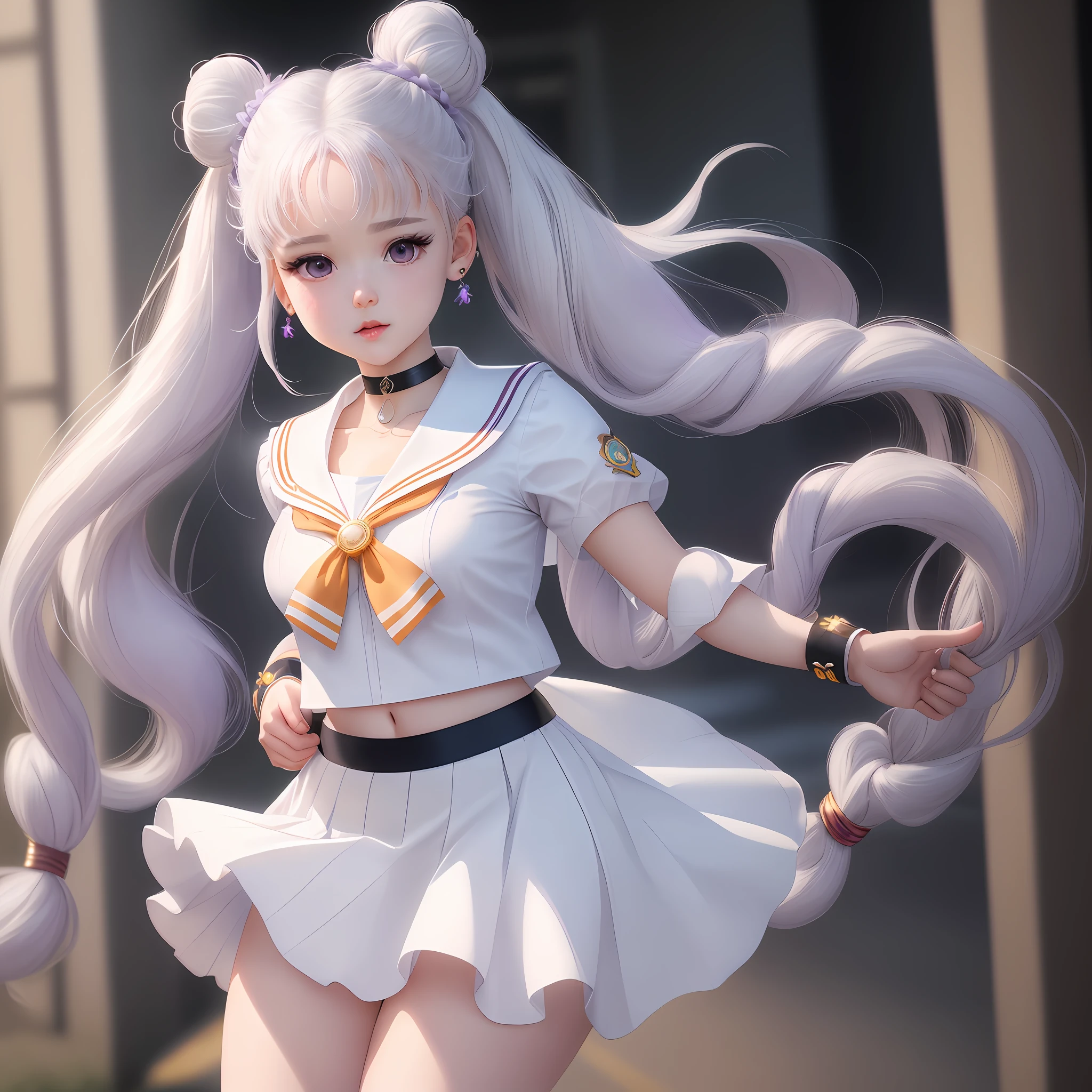 photorealistic, (hyperrealistic:1.2), (extremely detailed CG unity 8k wallpaper), (super detailed), mastery, best quality, 1girl, sailor cosmos, standing, cowboy shot, solo, long hair, skirt, hair ornament, twintails, accessories, Purple pupils, white hair, pleated skirt, earrings, choker, sailor collar, bun, cape, character name, bun, face print, white skirt, brooch, white sailor collar, hairpin, forehead mark, white choker, sailor senshi uniform, cane