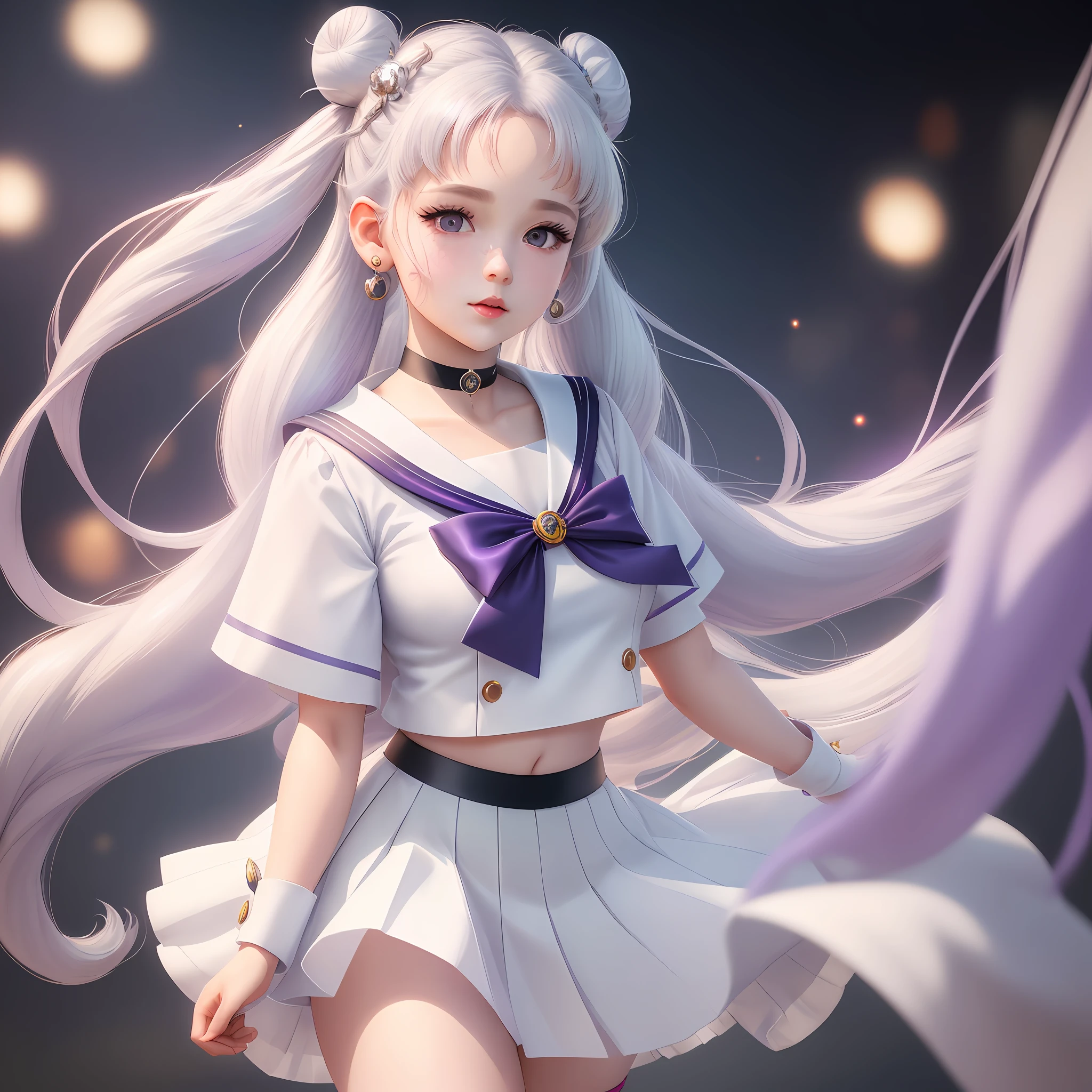 photorealistic, (hyperrealistic:1.2), (extremely detailed CG unity 8k wallpaper), (super detailed), mastery, best quality, 1girl, sailor cosmos, standing, cowboy shot, solo, long hair, skirt, hair ornament, twintails, accessories, Purple pupils, white hair, pleated skirt, earrings, choker, sailor collar, bun, cape, character name, bun, face print, white skirt, brooch, white sailor collar, hairpin, forehead mark, white choker, sailor senshi uniform, cane