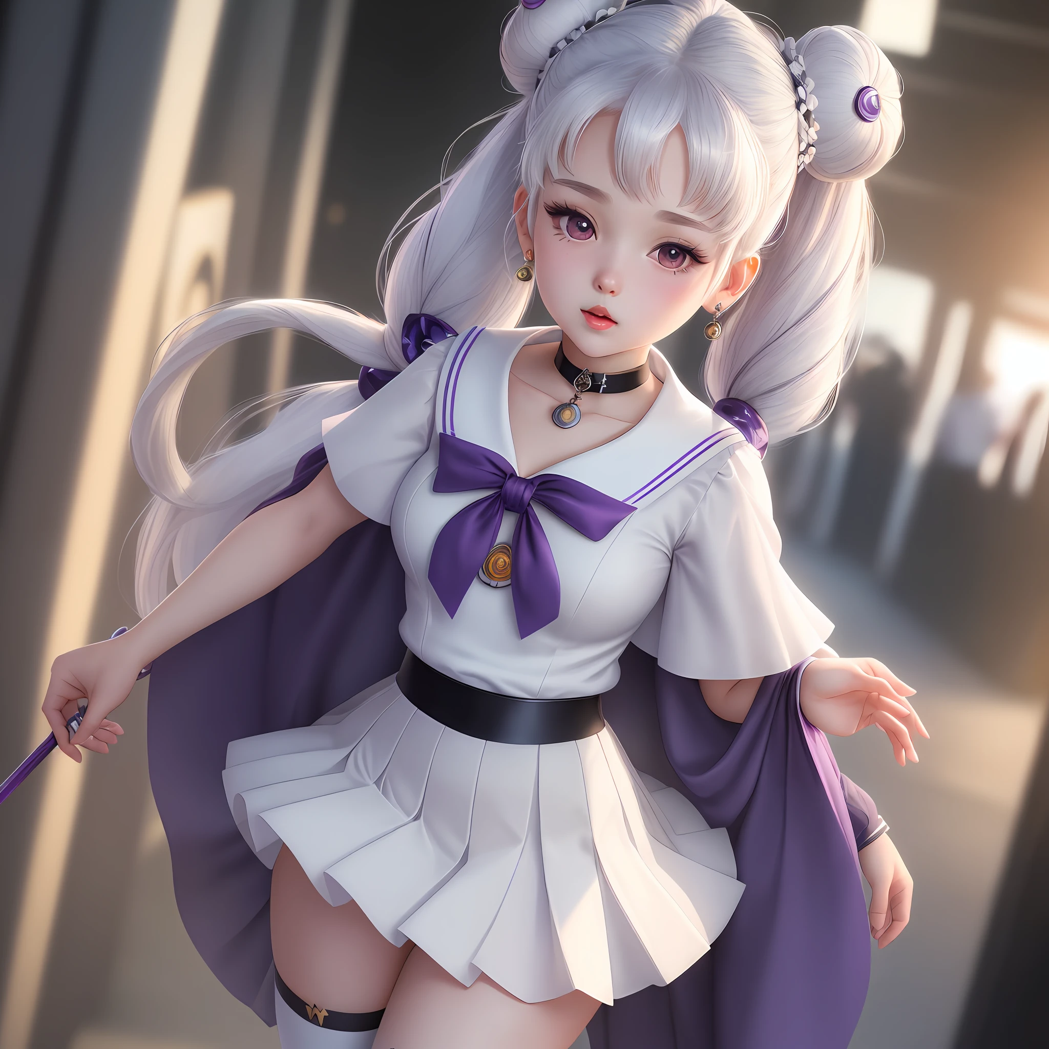 photorealistic, (hyperrealistic:1.2), (extremely detailed CG unity 8k wallpaper), (super detailed), mastery, best quality, 1girl, sailor cosmos, standing, cowboy shot, solo, long hair, skirt, hair ornament, twintails, accessories, Purple pupils, white hair, pleated skirt, earrings, choker, sailor collar, bun, cape, character name, bun, face print, white skirt, brooch, white sailor collar, hairpin, forehead mark, white choker, sailor senshi uniform, cane