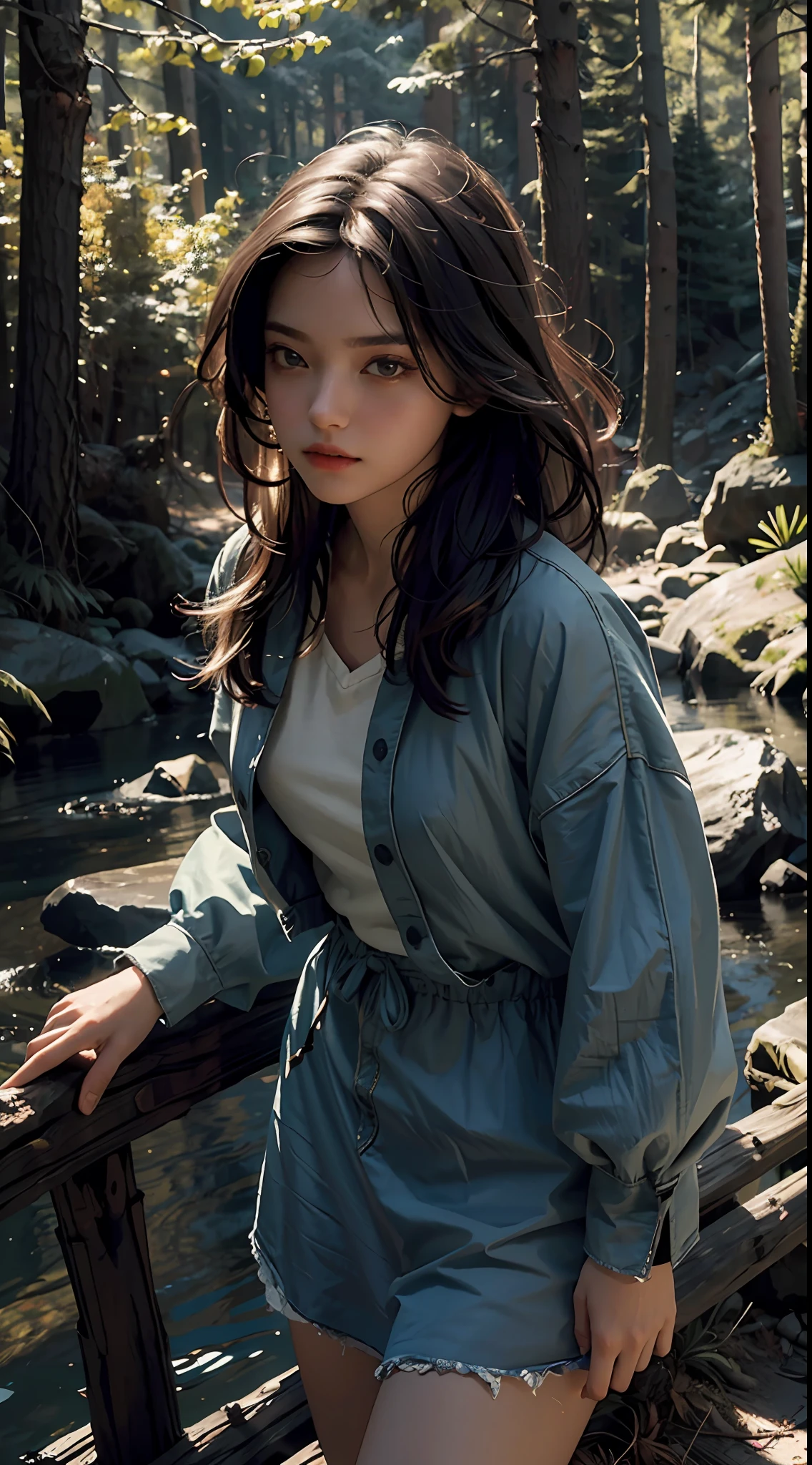 Best Quality, Masterpiece, Ultra High Resolution, (Photorealistic: 1.4), Original Photo, 1Girl, Dress, Cinematic Lighting, (Wilderness Escape: 1)