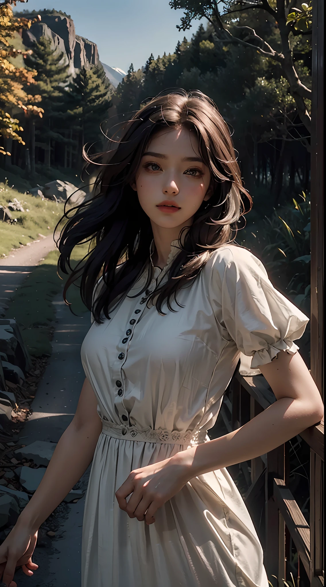 Best Quality, Masterpiece, Ultra High Resolution, (Photorealistic: 1.4), Original Photo, 1Girl, Dress, Cinematic Lighting, (Wilderness Escape: 1)