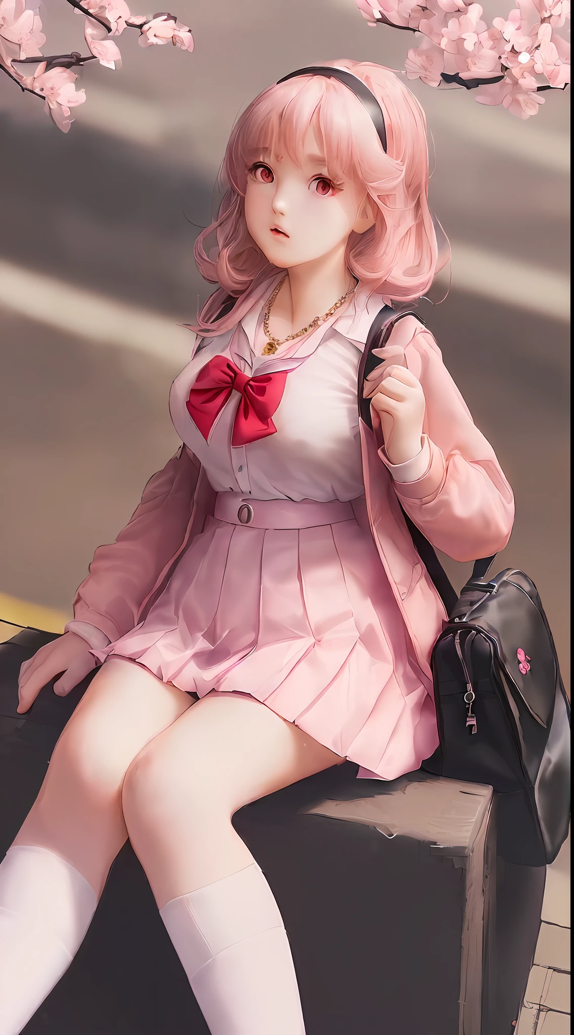 (Super detailed, superlative, masterpiece), (School style,), ((Royal sister girl), (White pleated skirt, Black knee-length socks, Falling hair, Red eyes, Poor breasts), (Serious, unkempt hair), (Pink schoolbag in left hand)), (Cherry blossom necklace, black coat), (Still lens, 4K, cinematic quality) Realistic and realistic