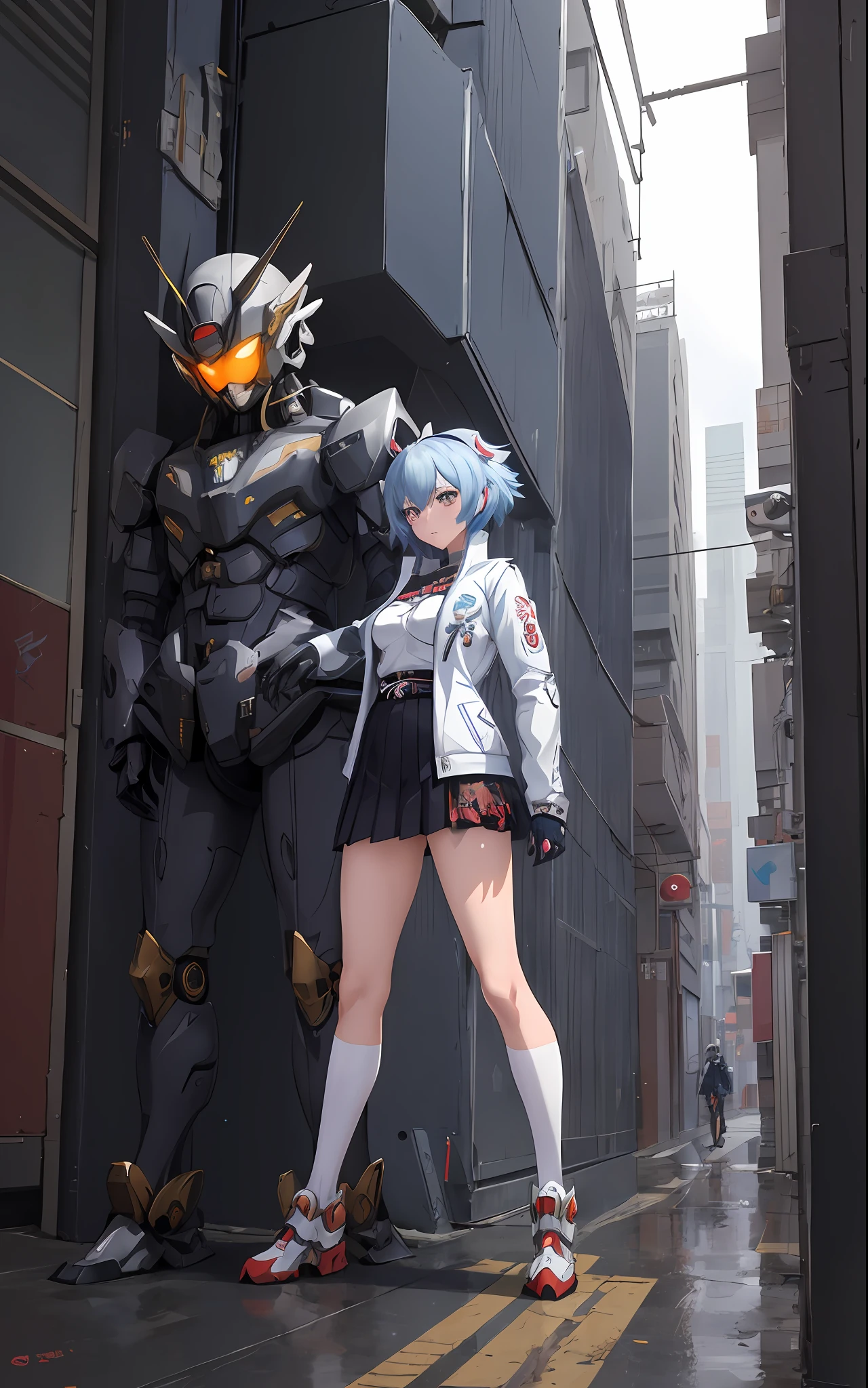 Anime girl in short skirt and jacket standing next to giant robot, guweiz style artwork, cyberpunk anime girl mecha, trend on cgstation, guweiz, Russell Dongjun Lu, digital cyberpunk anime art, guweiz on artstation pixiv, ross tran 8 k, mecha network armor girl