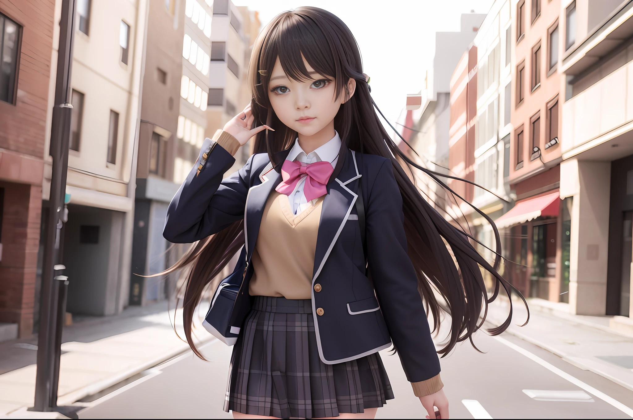 anime girl in school uniform walking down a street with a cell phone, beautiful anime high school girl, a hyperrealistic schoolgirl, hyperrealistic schoolgirl, anime girl in real life, realistic schoolgirl, photorealistic anime, photorealistic anime girl render, smooth anime cg art, realistic anime 3 d style, attractive anime girl, anime girl with long hair