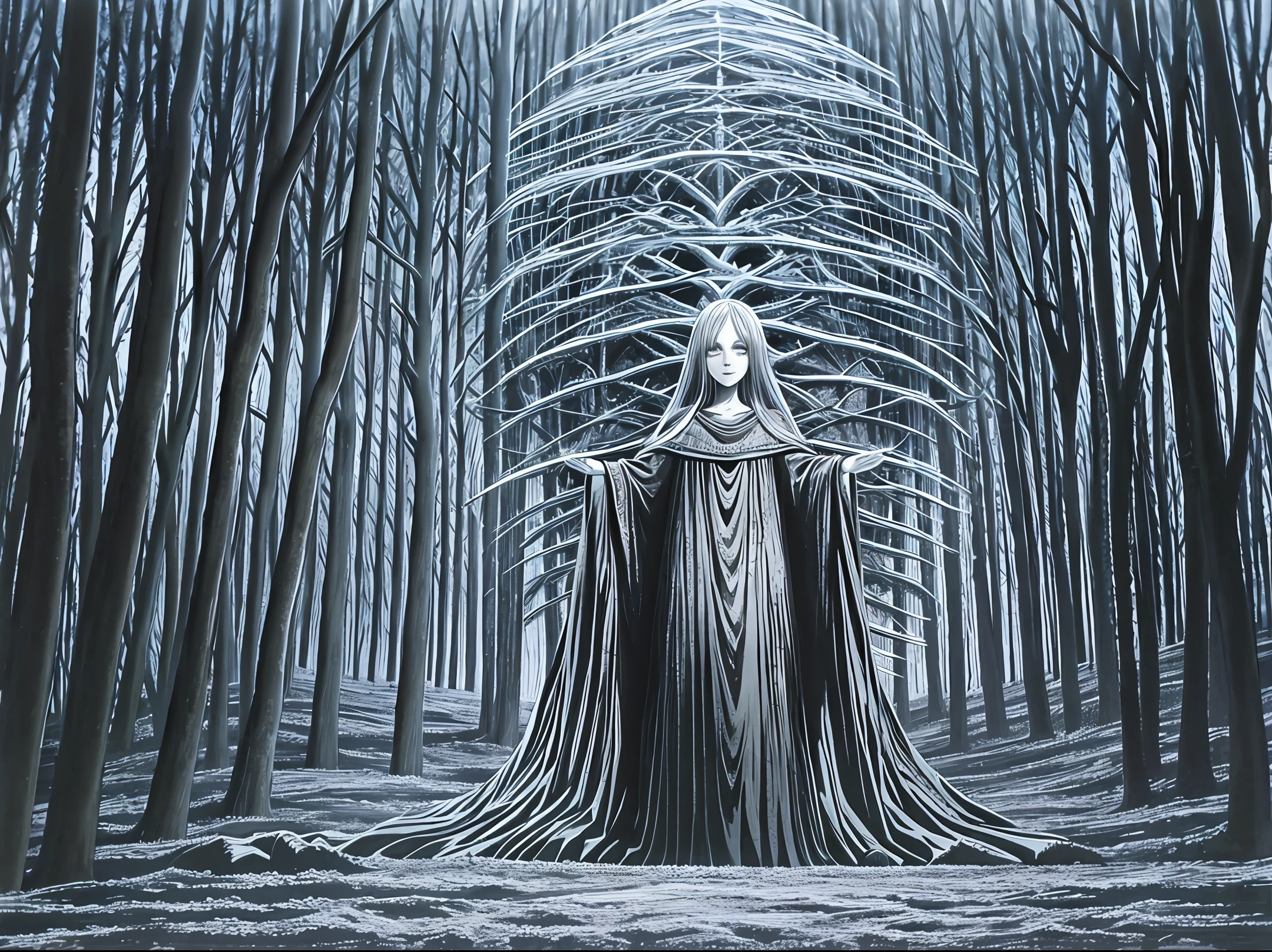 an old witch, full body, horror, broken, distorted, sky, fog, smoke, dark forest, Junji Ito, masterpiece, ultra high res, high quality,dark entity ,