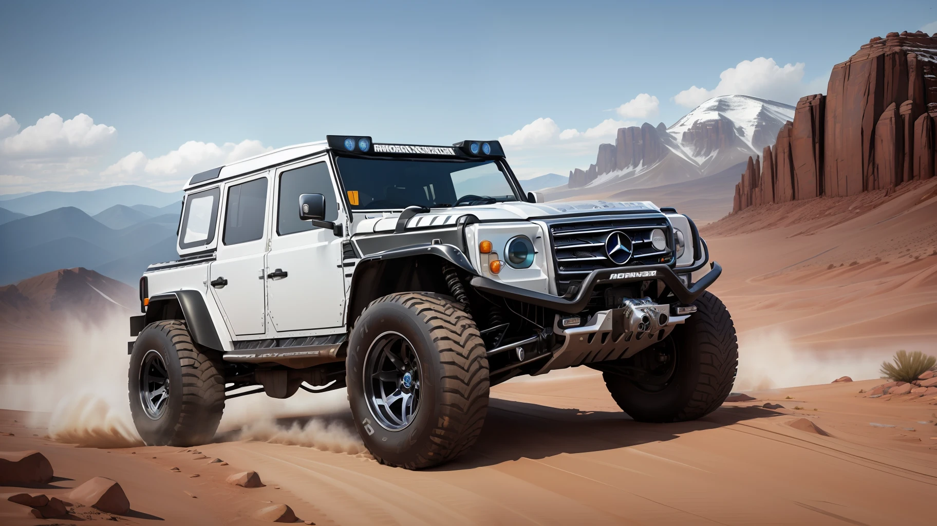 Racing car,high detailed,off road , detailed steel front bankers, snowfield roght skins, Mercedes Benz,Land Rover Off-road vehicle,8k resolution, masterpiece, Village Mountain Background, Desert, Lighting best resolution,Rock Stylish design, Front turn 3:1 degree view, Exhaust shine,Day Lighting,
