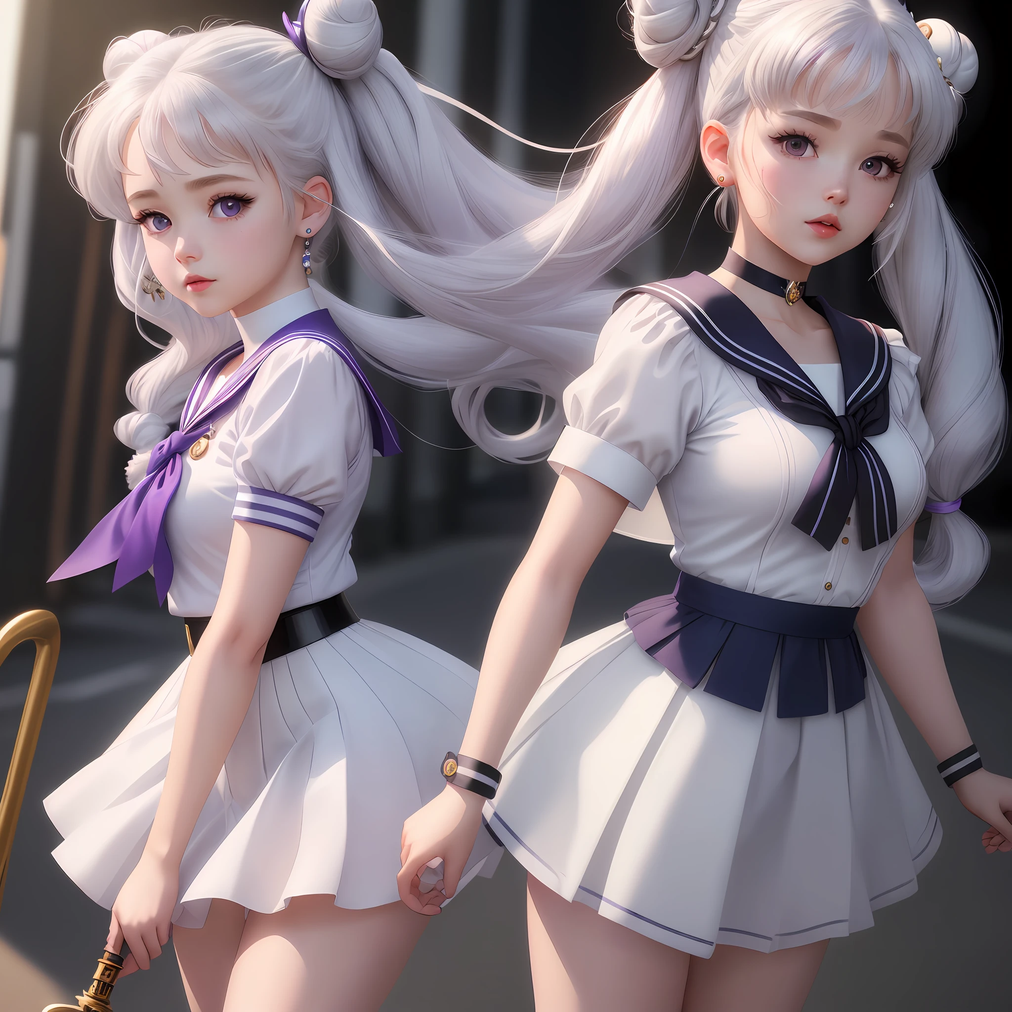photorealistic, (hyperrealistic:1.2), (extremely detailed CG unity 8k wallpaper), (super detailed), mastery, best quality, 1girl, sailor cosmos, standing, cowboy shot, solo, long hair, skirt, hair ornament, twintails, accessories, Purple pupils, white hair, pleated skirt, earrings, choker, sailor collar, bun, cape, character name, bun, face print, white skirt, brooch, white sailor collar, hairpin, forehead mark, white choker, sailor senshi uniform, cane