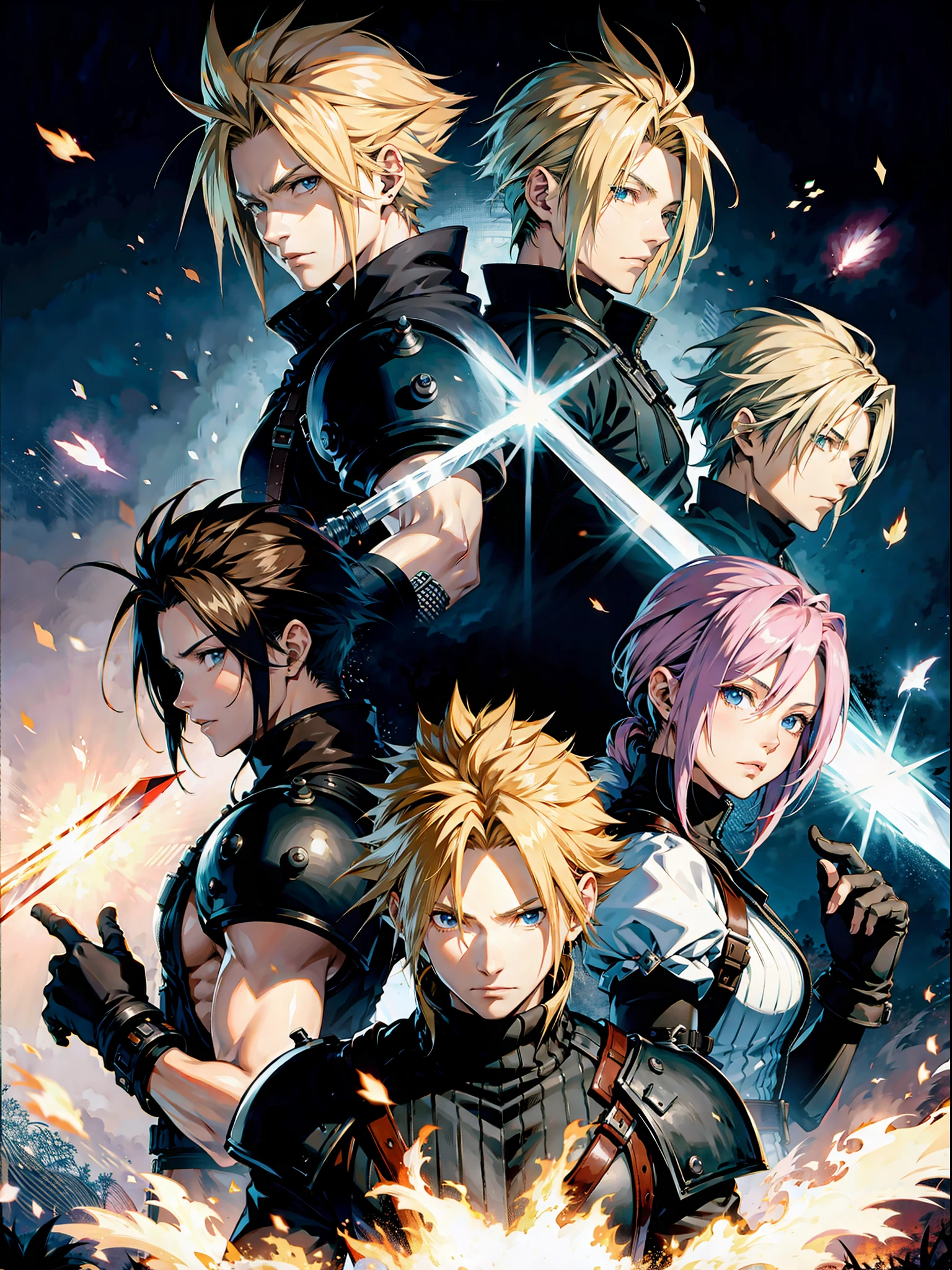 Arafed Image of one attractive young anime style holding a sword in a dark room, Cloud Strife, from Final Fantasy VII, Final Fantasy 7, FF 7, Portrait of Cloud Strife, from FF7, Final Fantasy character, Final Fantasy Face, from Final Fantasy, Cloud, Final Fantasy, Final - Fantasy, Final Fantasy, Square Enix, Square Enix Cinematic Art, Final Fantasy Style