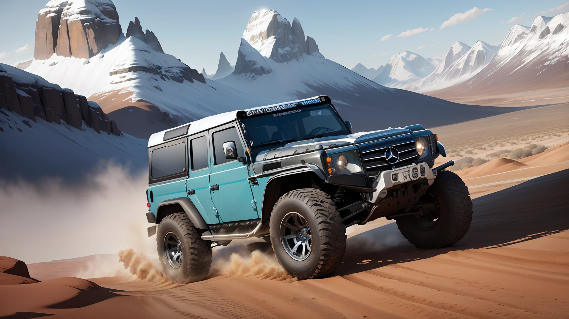 Racing car,high detailed,off road , detailed steel front bankers, snowfield roght skins, Mercedes Benz,Land Rover Off-road vehicle,8k resolution, masterpiece, Village Mountain Background, Desert, Lighting best resolution,Rock Stylish design, Front turn 3:1 degree view, Exhaust shine,Day Lighting,