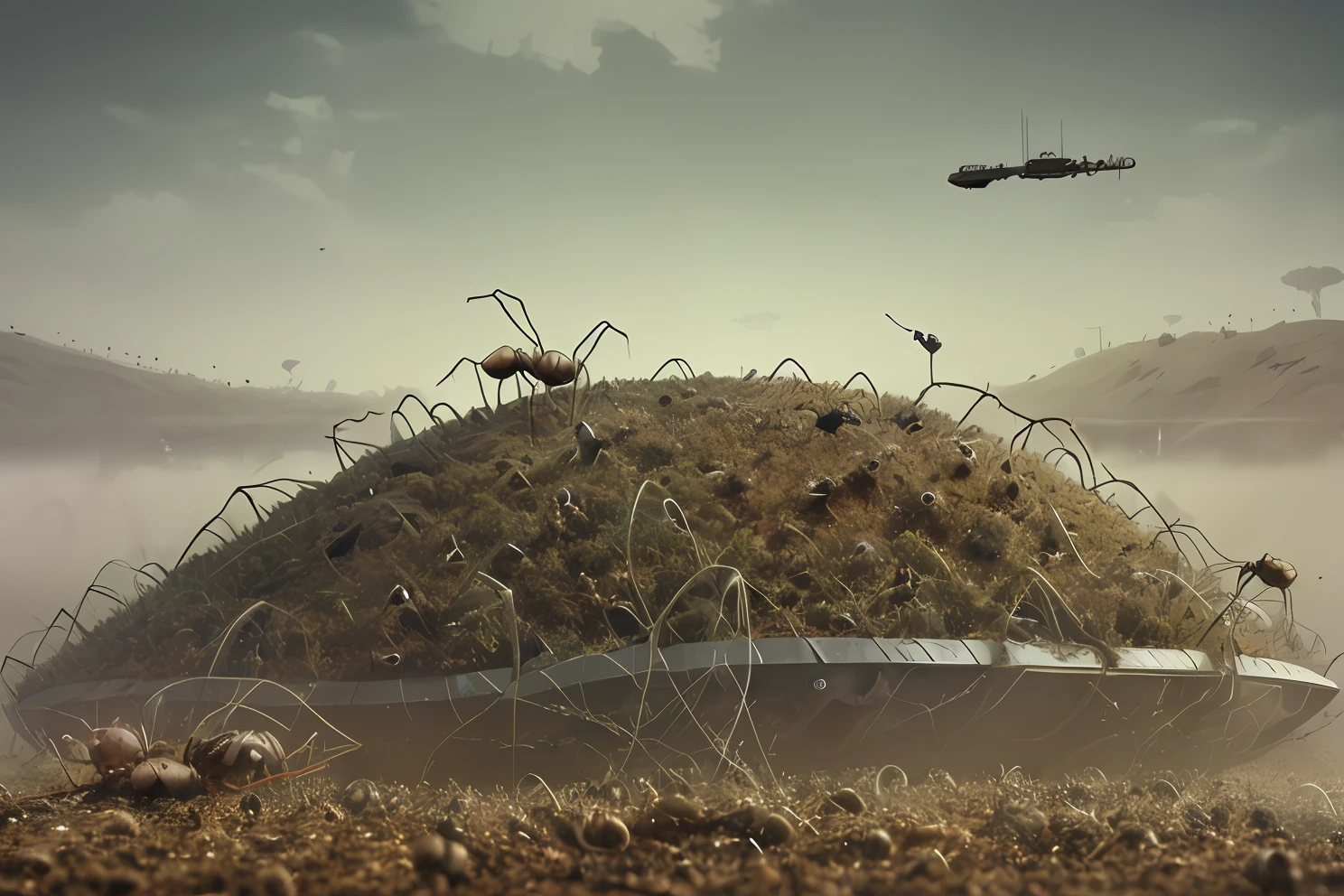 Anthill, barbed wire, ants, tank, battlefield, fog