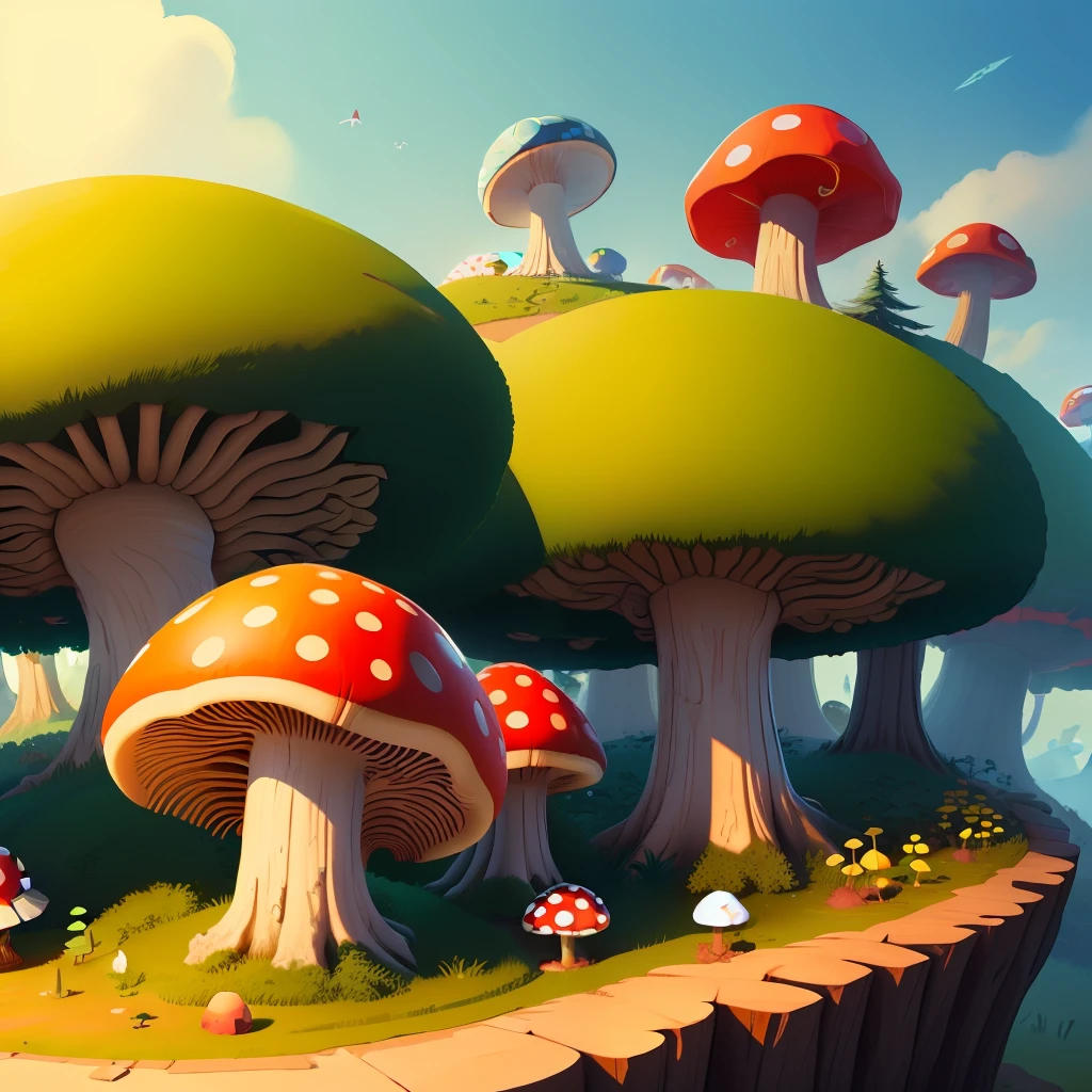 round forest hill, game design, anthill with one big red mushroom and small white one, bilumnescent, high quality,