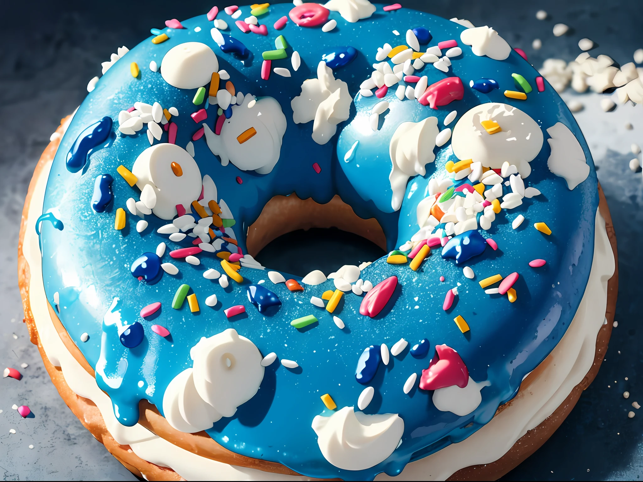 masterpiece, high quality, best quality, 1 doughnut, (blue glaze), color sprinkles, food photos,