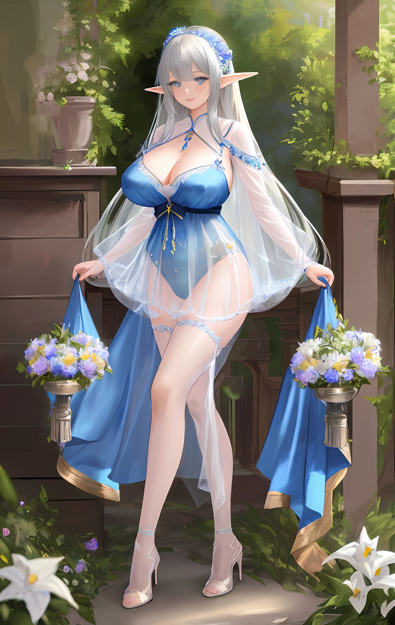 Masterpiece, best quality, tall elf goddess, long silver hair, silky and shiny, bright and detailed blue eyes, exposed thighs, legs apart, huge breasts: 1.4, large boobs: 1.4, large breasts: 1.4, magic breasts, pointed elf ears, flowers in hair detailed, see-through, transparent, tulle, light tulle, mesh, (tulle pajamas), high heels, detailed, high resolution, HD 4K 8K, full body