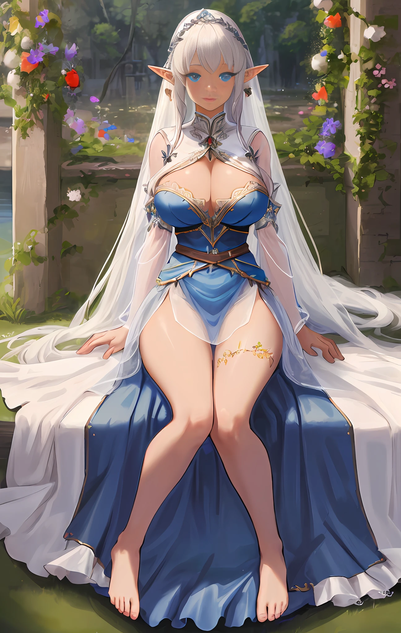 Masterpiece, best quality, tall elf, long silver hair, silky and shiny, black-brown skin, bright and detailed blue eyes, exposed thighs, legs apart, huge breasts: 1.4, large boobs: 1.4, large breasts: 1.4, magic breasts, pointy elf ears, flowers in hair detailed, see-through, transparent, tulle, light tulle, mesh, barefoot, detailed, high resolution, HD 4K 8K, full body