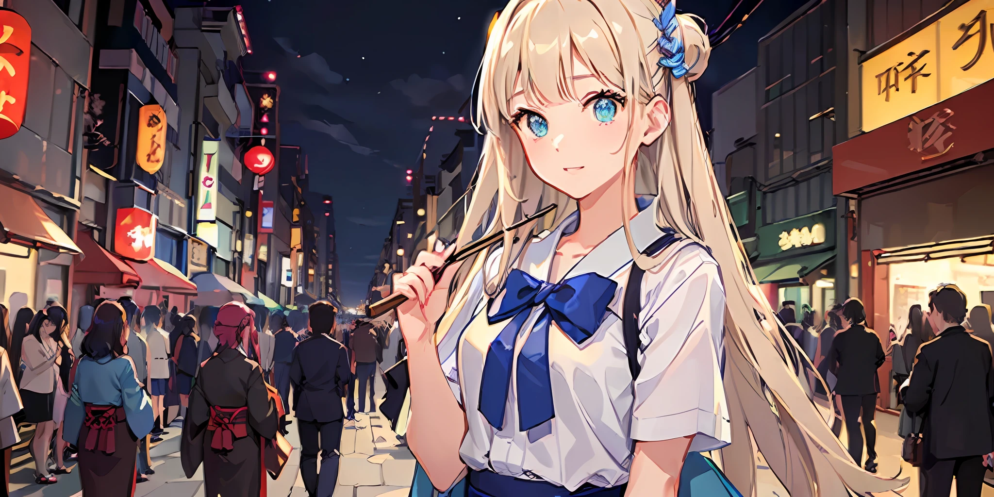 (((masterpiece: 1.5, best quality, high resolution: 1.3, super resolution, super detailed, ultra detailed:1.3, rich background:1.2))), 1girl, solo, green eyes, blonde long hair tied with blue ribbon, blunt bangs, cute hairpin, school uniform, white serafuku, red sailor collar, short sleeves, blue pleated skirt, (outdoor), ((downtown)), (crowd), ((japan vibes: 1.3)), scenery, ((nighttime)), dark, (lowlight: 1.1), moon, (moonlight: 1.2), ((dynamic light: 1.4))
