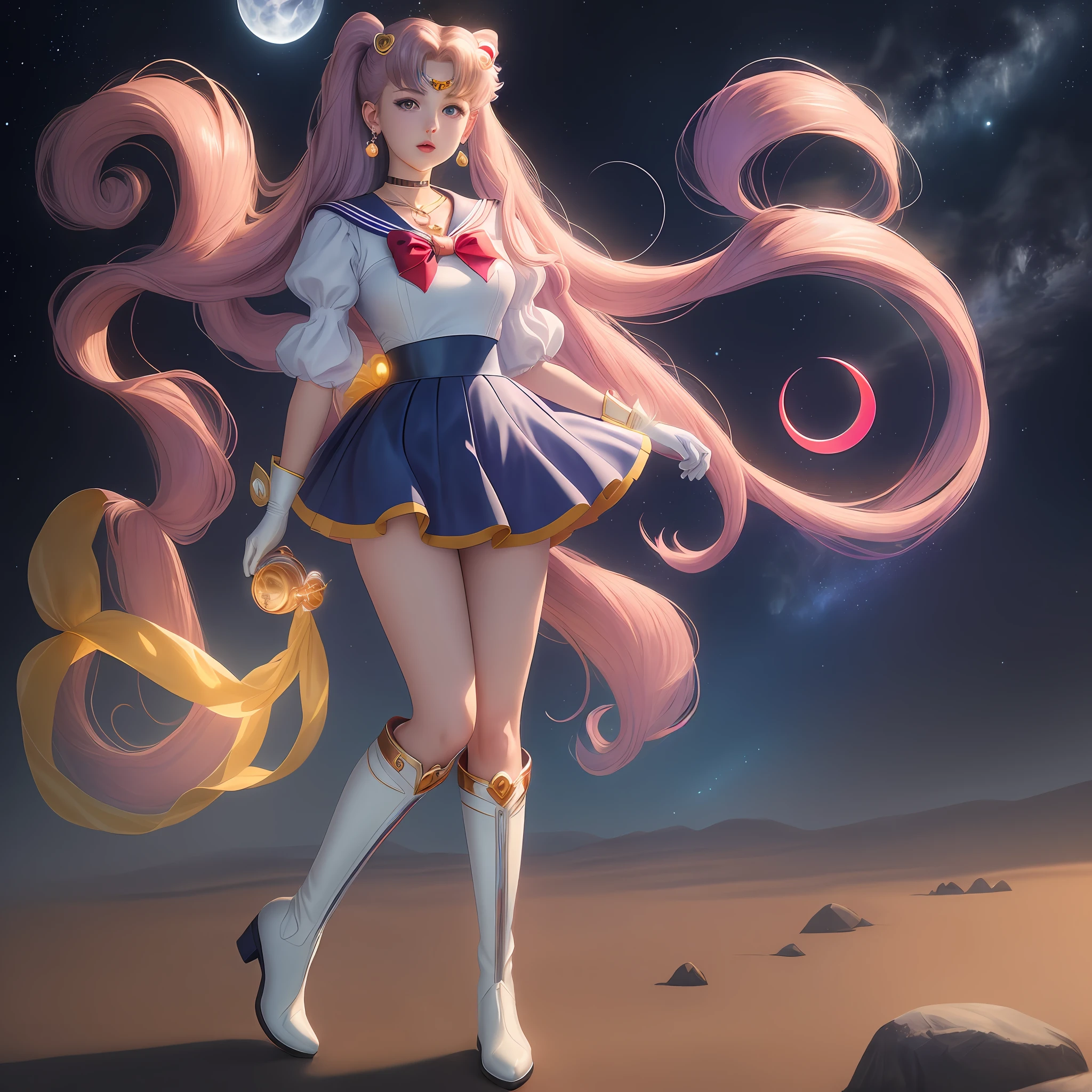 Masterpiece, best quality, (1 girl), super sailor moon, cowboy lens, night sky, moonlight, evening, white gloves, blue eyes, galaxy background, multicolored clothes, sailor senishi uniform, multicolored skirt, hair ornament, red bow, brooch, heart brooch, earrings, crescent, heart necklace, heart, very long hair, crescent moon earrings, tiara, yellow necklace, boots, knee boots, red shoes, long legs