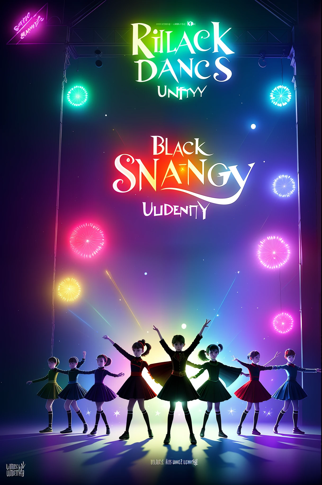 Text Says "Kids Dance", Black, Purple, Red, Blue, Vintage Style, Masterpiece, Best Quality, Dancing Kids, (Very Detailed CG Unity 8k wallpaper), (Best Quality), (Best Illustration), (Best Shadow), Hogwarts, Gothic font
