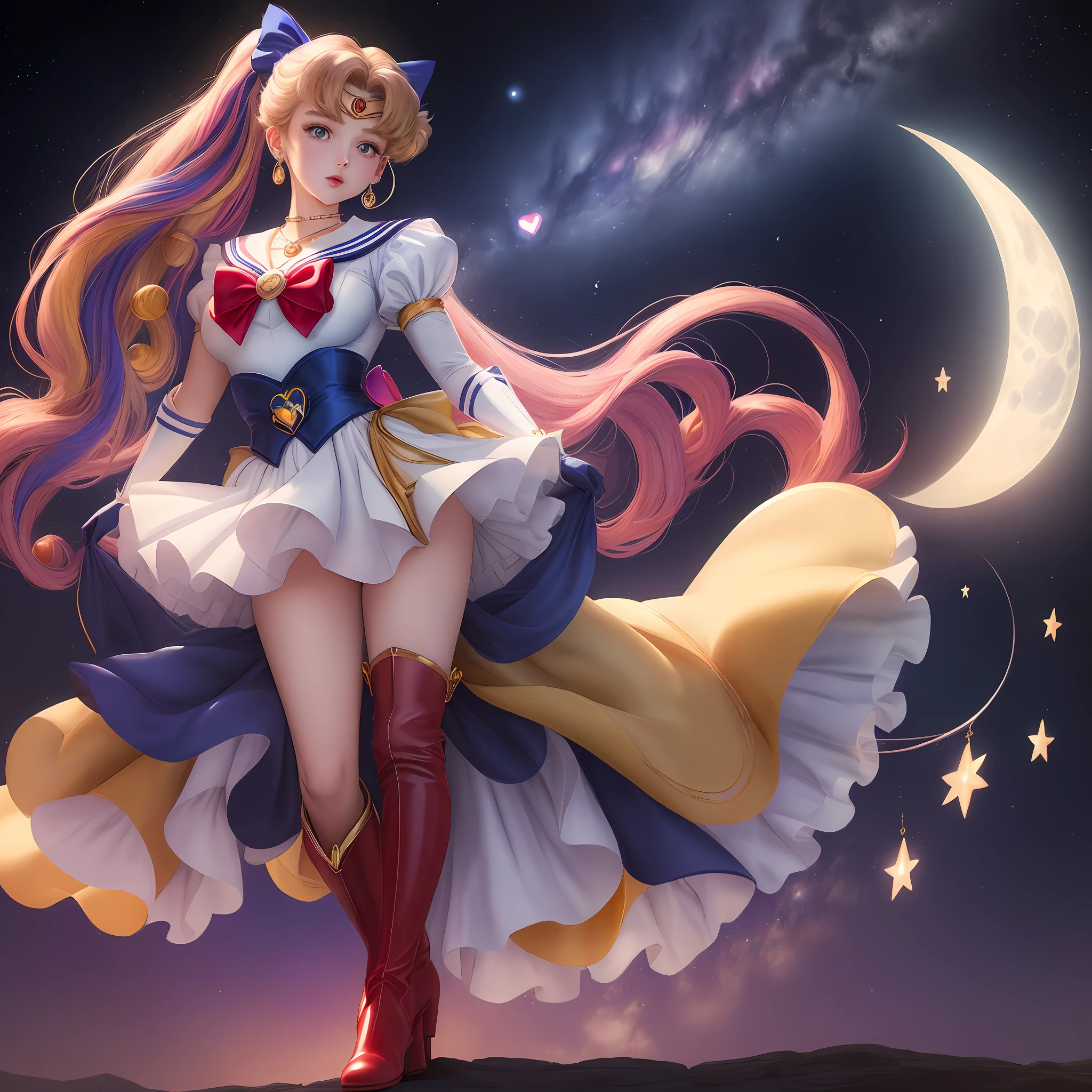 Masterpiece, best quality, (1 girl), super sailor moon, cowboy lens, night sky, moonlight, evening, white gloves, blue eyes, galaxy background, multicolored clothes, sailor senishi uniform, multicolored skirt, hair ornament, red bow, brooch, heart brooch, earrings, crescent, heart necklace, heart, very long hair, crescent moon earrings, tiara, yellow necklace, boots, knee boots, red shoes, long legs
