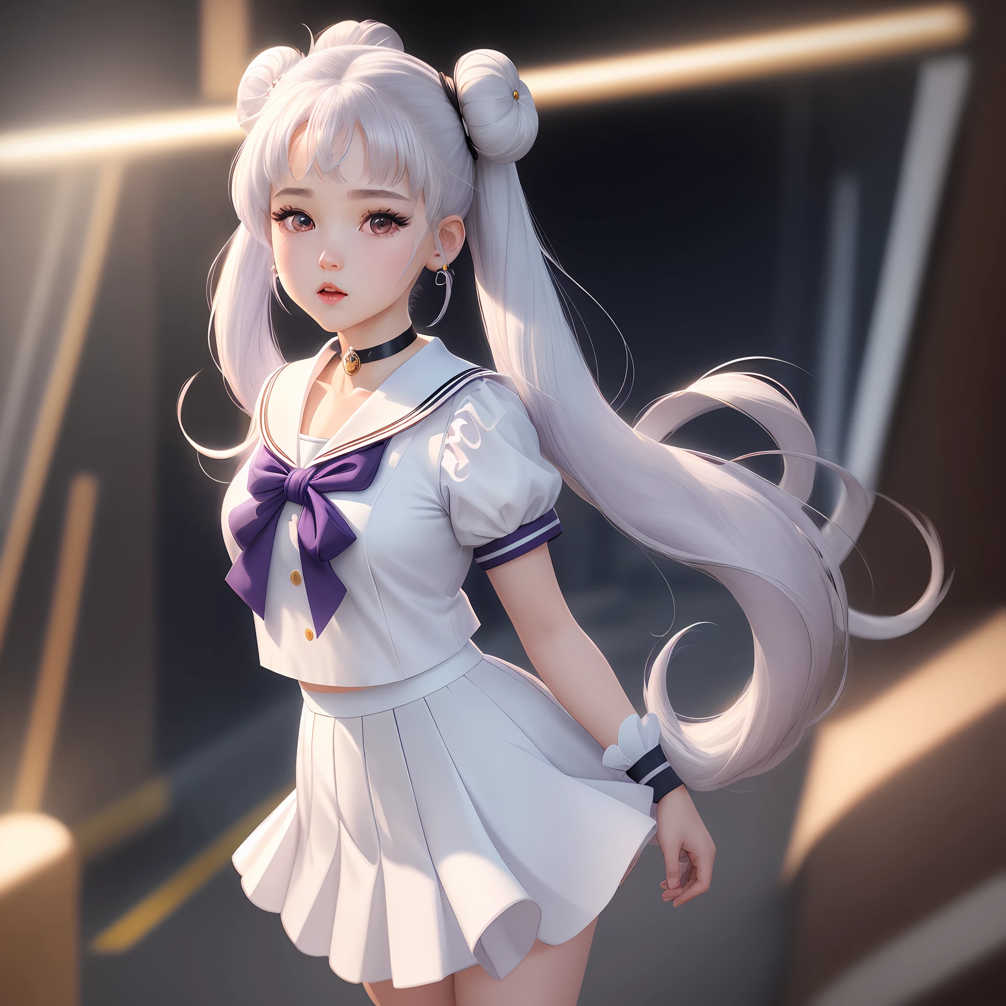 photorealistic, (hyperrealistic:1.2), (extremely detailed CG unity 8k wallpaper), (super detailed), mastery, best quality, 1girl, sailor cosmos, standing, cowboy shot, solo, long hair, skirt, hair ornament, twintails, accessories, Purple pupils, white hair, pleated skirt, earrings, choker, sailor collar, bun, cape, character name, bun, face print, white skirt, brooch, white sailor collar, hairpin, forehead mark, white choker, sailor senshi uniform, cane