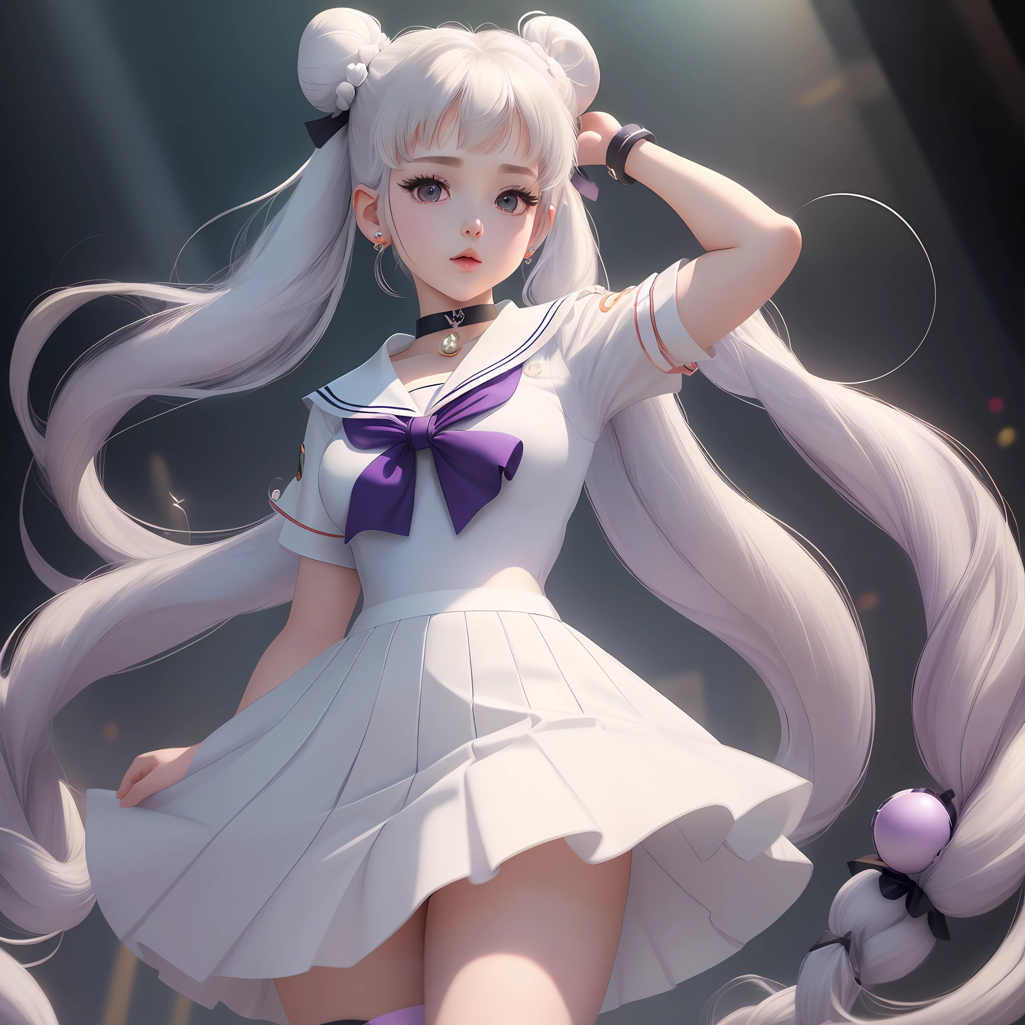 photorealistic, (hyperrealistic:1.2), (extremely detailed CG unity 8k wallpaper), (super detailed), mastery, best quality, 1girl, sailor cosmos, standing, cowboy shot, solo, long hair, skirt, hair ornament, twintails, accessories, Purple pupils, white hair, pleated skirt, earrings, choker, sailor collar, bun, cape, character name, bun, face print, white skirt, brooch, white sailor collar, hairpin, forehead mark, white choker, sailor senshi uniform, cane
