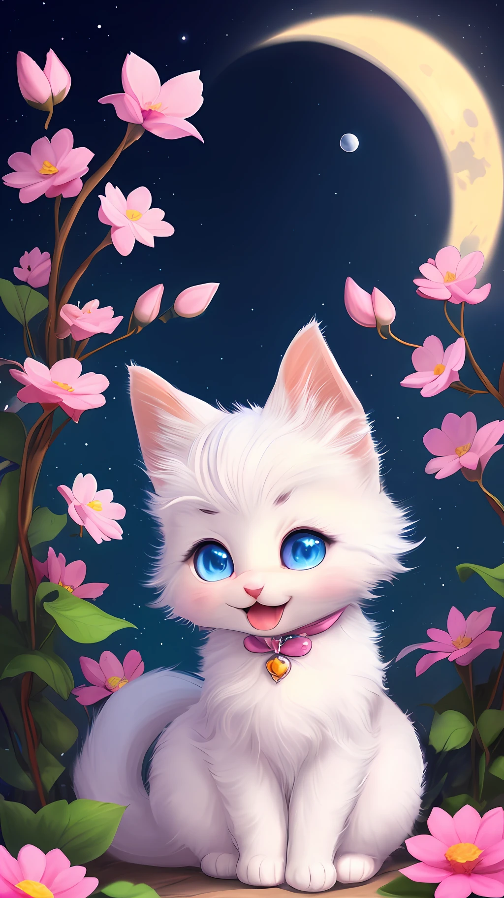 A kitten with a tiny tail, a small nose, small ears, blue eyes, pink background, flowers, vases, dreams, open mouth, smile, Caroline Chariot-Dayez pastels, tumblr, furry art, elokitty, Disney's Bambi cat, Disney's stylized furry, ears floating, fluffy tail, fluffy '', fluffy !!!, high resolution, furry art!!! The moon, small in size
