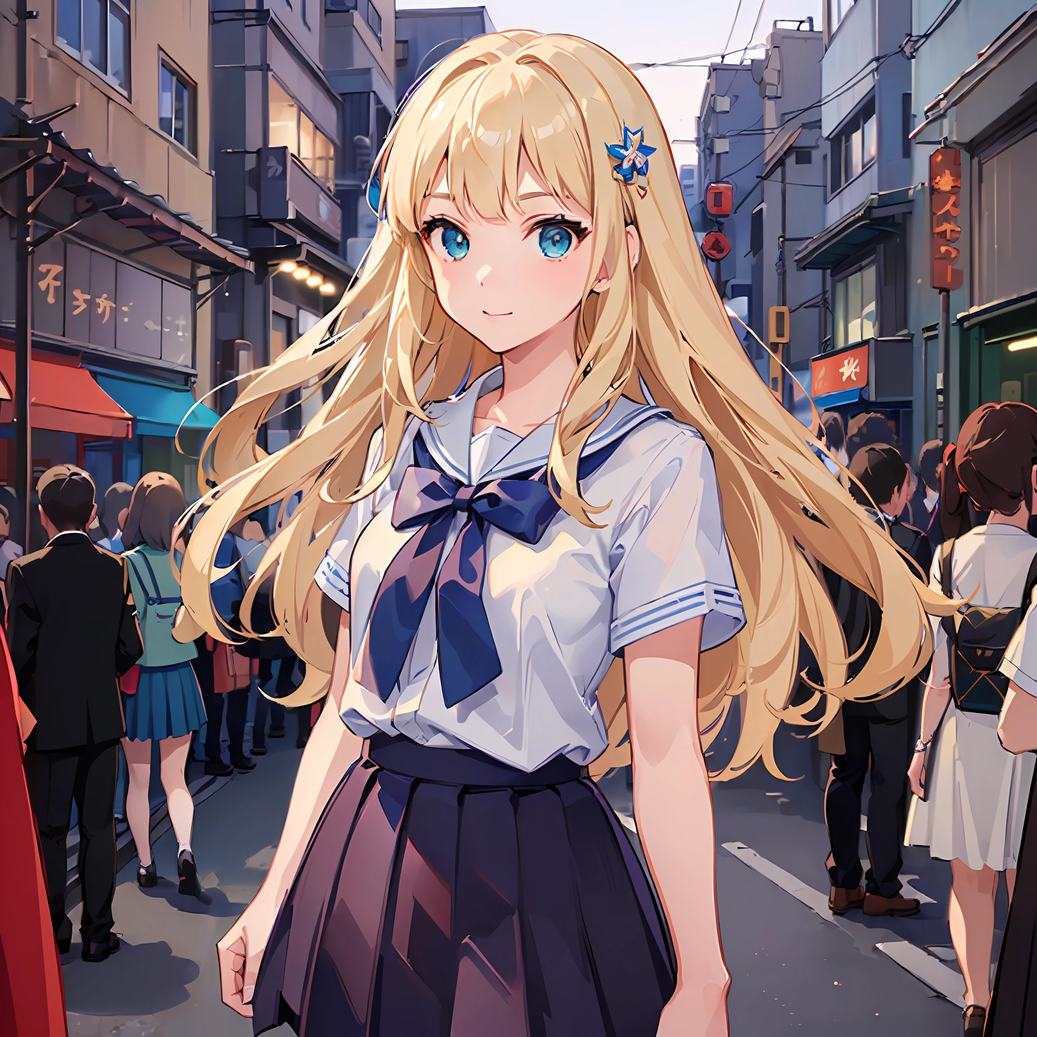 (((masterpiece: 1.5, best quality, high resolution: 1.3, super resolution, super detailed, ultra detailed:1.3, rich background:1.2))), ((face close up)), 1girl, solo, green eyes, blonde long hair tied with blue ribbon, blunt bangs, cute hairpin, school uniform, white serafuku, red sailor collar, short sleeves, blue pleated skirt, (outdoor), ((downtown)), (crowd), ((japan vibes: 1.3)), scenery, ((nighttime)), dark, (lowlight: 1.1), moon, (moonlight: 1.2), ((dynamic light: 1.4))