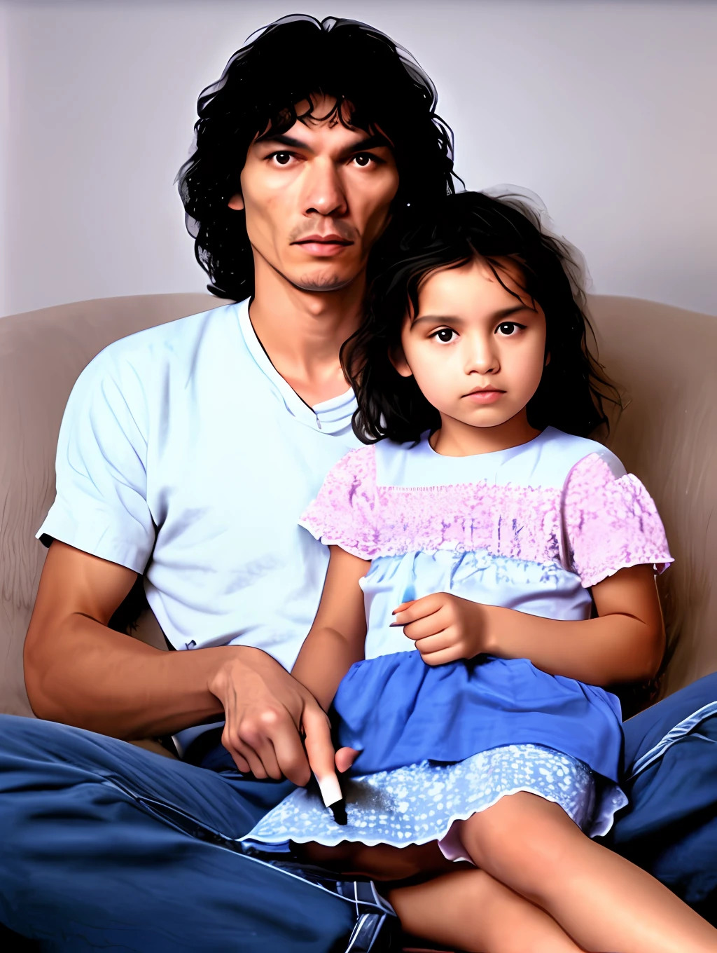 Richard Ramirez holding a knife, with his daughter in his lap, 4k, realism, ultra quality, ultra definition