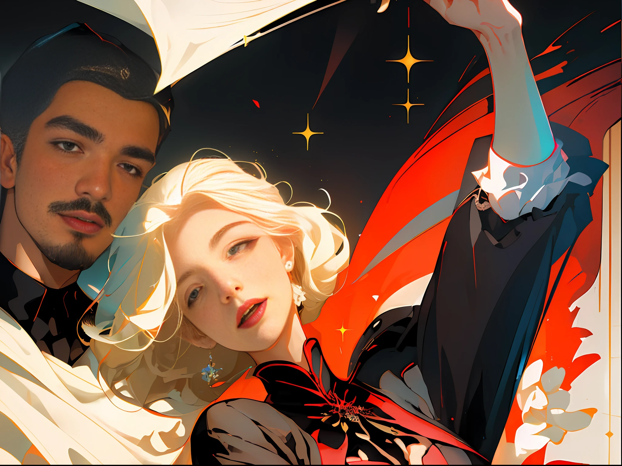 (Best quality, masterpiece), two figures, a man and a woman, detailed, fine face, beautiful blonde and a handsome man, smile, joy, black skirt, red embellishment, man in white, smile, relax, dance pose, elegant, particles, wind, flower, upper body, simple background with gear elements, background is modern times --v 6