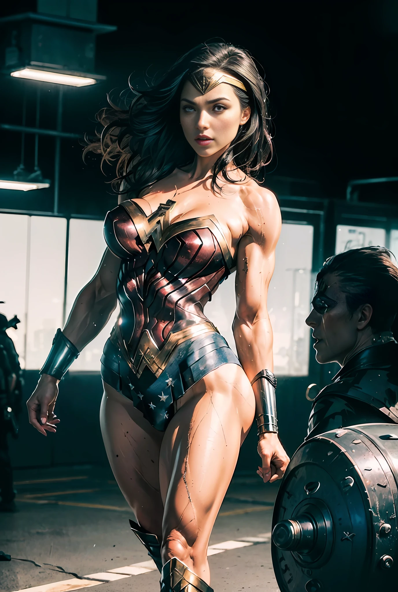 (Masterpiece, Top Quality),1girl ,{{Depth of field}}, Hyper detail, 1woman, (Victoria's Secret Model Wonder Woman), Single, Full Body, (Intricate Details, Makeup), (Delicate and beautiful delicate face, delicate and beautiful delicate eyes, face with perfect proportions), High-detail skin, delicate skin, Best proportions Four fingers and one thumb, strong and realistic blue eyes, realistic black hair, lips, makeup, natural skin texture, tiara, leotard, bulletproof cuffs, red boots, (public clothing:1.3), slightly sunburned, mature, sexy, elastic muscles, (muscles:1.3), ((strong and healthy body)), (((((more) muscles))), wet body, wet hair, long legs, curved, thick thighs, wide buttocks, thin legs, (big breasts: 1.2), thin waist, soft waist, (delicate skin), (wet body: 1.0), (beautiful and sexy woman), (swollen lips: 0.9), (eyelashes: 1.2), very delicate muscle definition, LED panel lights arranged in a square shape to mimic existing indoor fixtures, A dystopian ghetto controlled by local gangs armed with hacked police weapons such as EMP blasters and taser shotguns, ((top quality)), ((masterpiece)), ((realistic)), (detailed), cinematic lighting,
