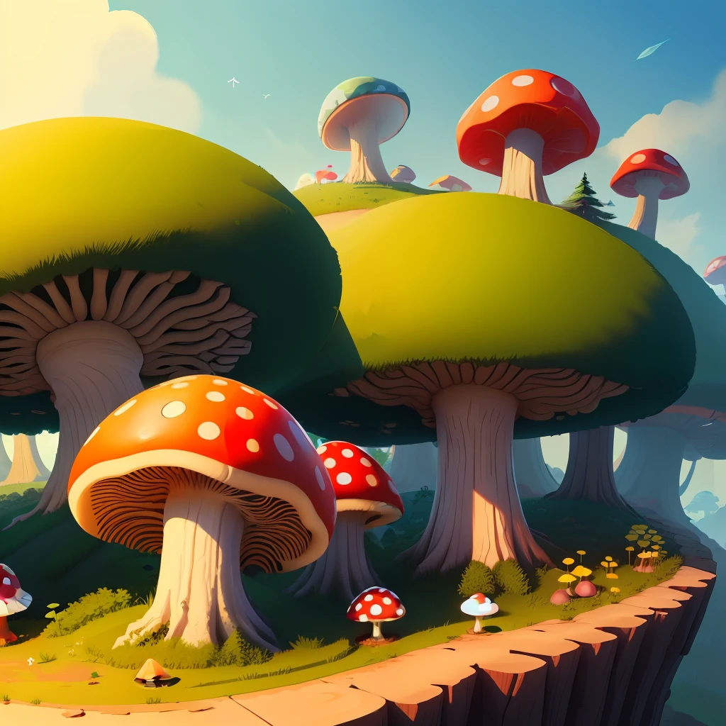 round forest hill, game design, anthill with one big red mushroom and small white one, bilumnescent, high quality,