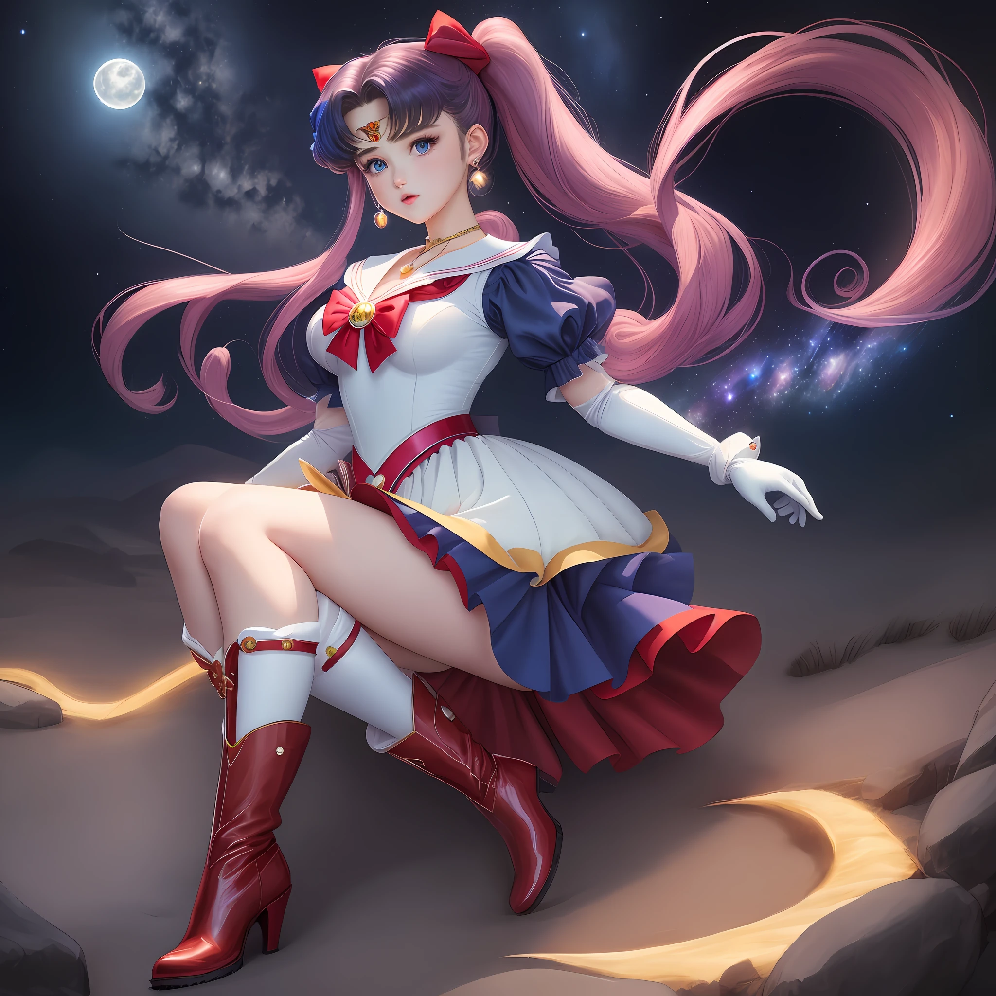 Masterpiece, best quality, (1 girl), super sailor moon, cowboy lens, night sky, moonlight, evening, white gloves, blue eyes, galaxy background, multicolored clothes, sailor senishi uniform, multicolored skirt, hair ornament, red bow, brooch, heart brooch, earrings, crescent, heart necklace, heart, very long hair, crescent moon earrings, tiara, yellow necklace, boots, knee boots, red shoes, long legs