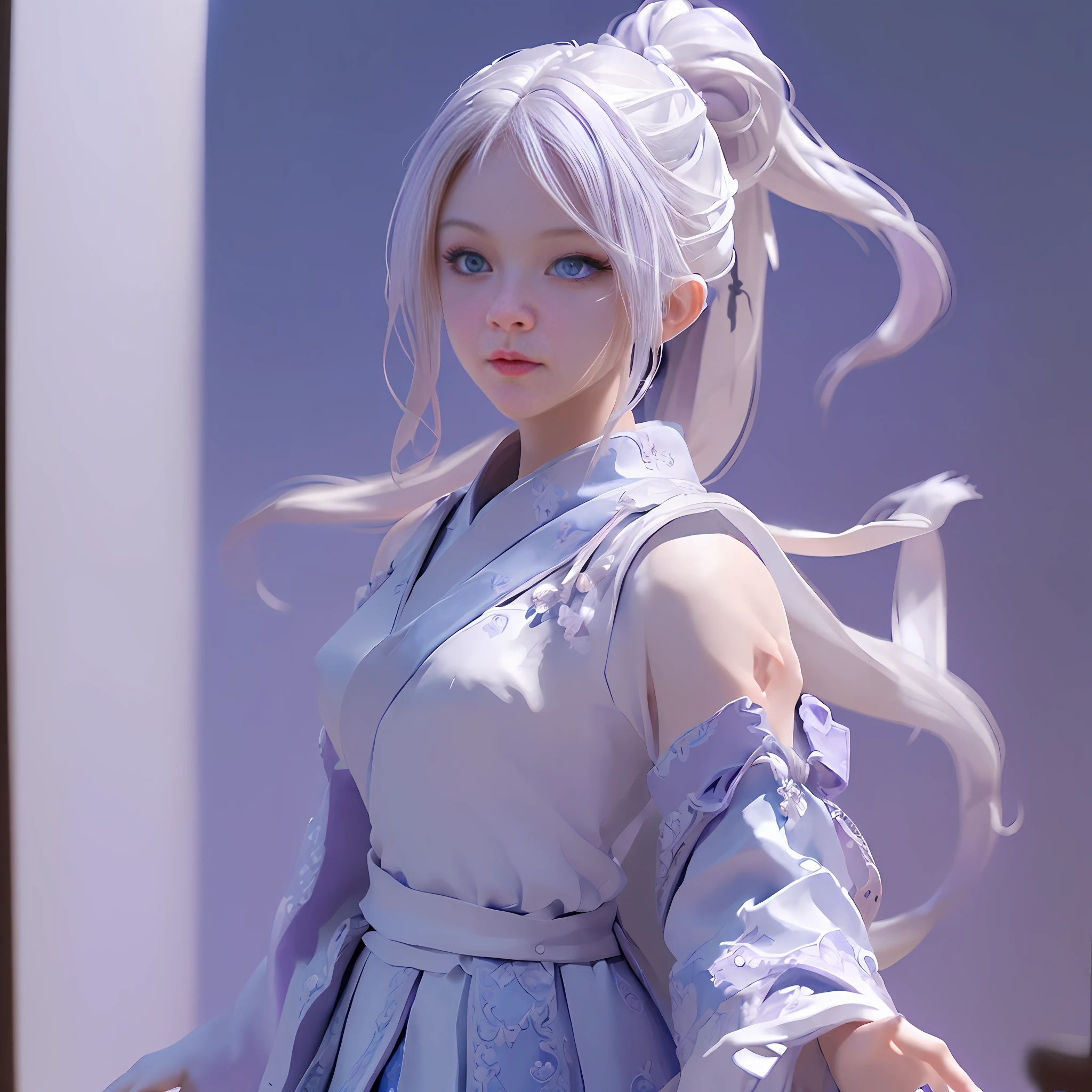 (((masterpiece))), (((best quality))), ((ultra-detailed)), (highly detailed CG illustration), cinematic light, intricate detail,
full body, chibi,
1girl, white hair, ponytail, purple eyes, (ninja), short sword, medium breats ,scarf, wallpaper, magic circle background, light particles, blue fire,