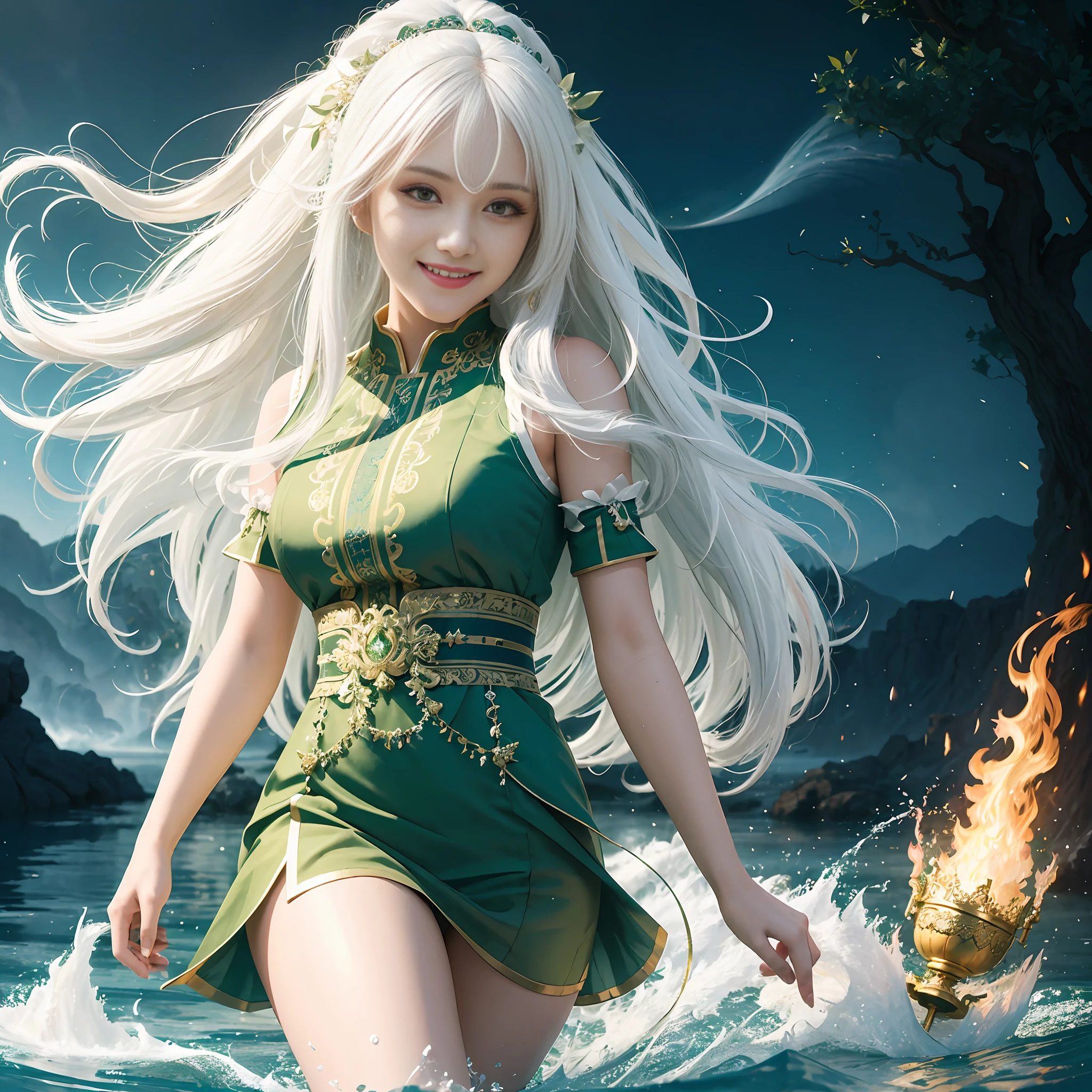 masterpiece, best quality, 8k, insane details, intricate details, hyperdetailed, hyper quality, high detail, half body, 

1girl,  long white hair, green dress , smiling at the camera, 

complex background, water and fire blend,