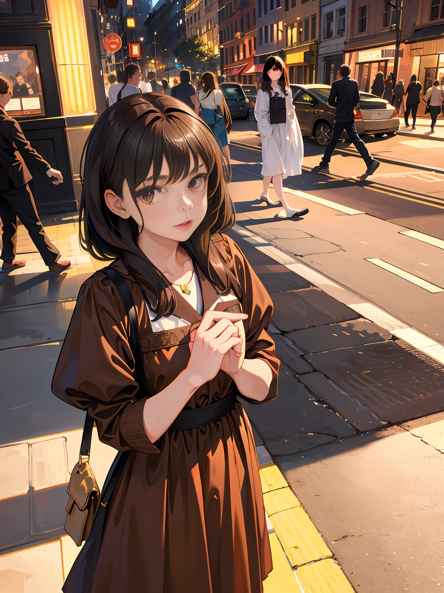4K, Best Quality, 1 Girl, 18 Years Old, Brown Hair, Waist Hair, 3/4 Bangs, Brown Dress Dress, Girl, City Street,