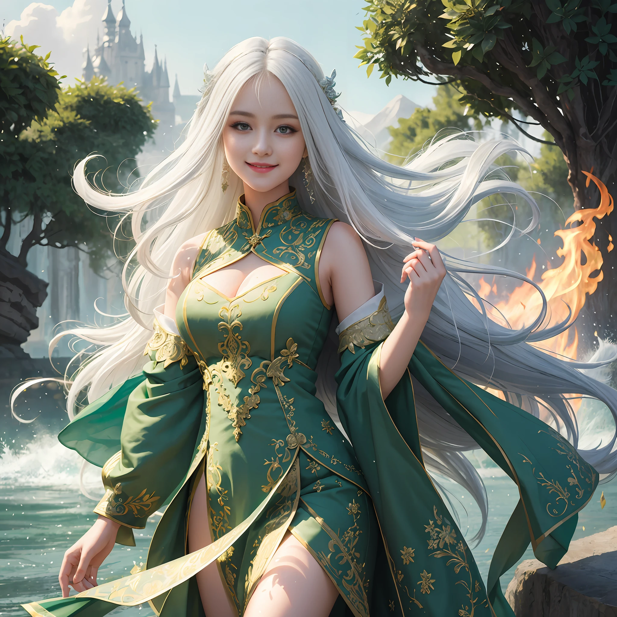 masterpiece, best quality, 8k, insane details, intricate details, hyperdetailed, hyper quality, high detail, half body,
1girl, long white hair, green dress , smiling at the camera,
complex background, water and fire blend,