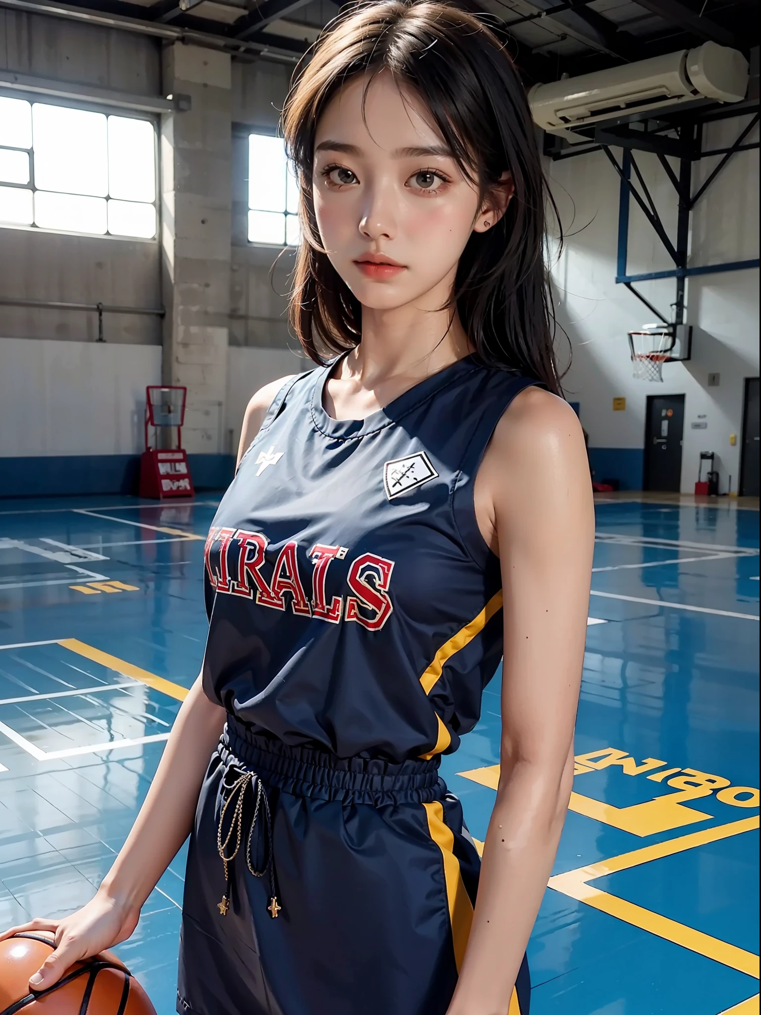 1 girl, waist up, faint smile, shiny skin
Best quality, masterpiece, (realistic: 1.4), basketball court, blue sky, sunshine