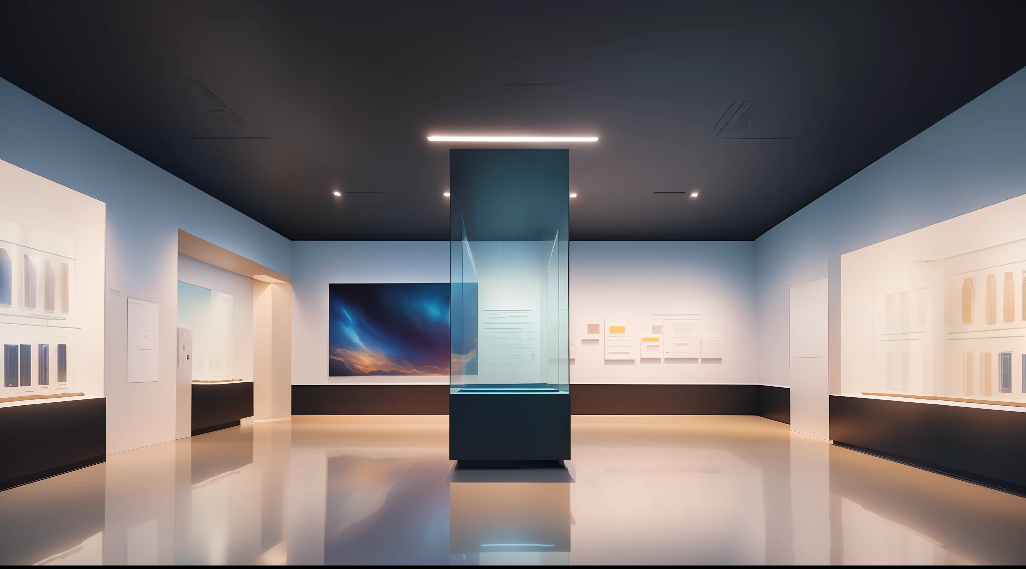 (highest quality + professional lighting + 4k/8k + high-tech space: 1.3), (museum exhibition hall + single point perspective + huge space + pure minimalist design + floor multi-display case + display case sparkle + multi-map screen on the wall): 0.8