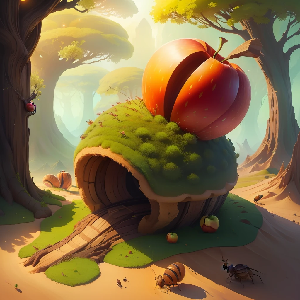 Anthill shaped like an apple, worm, insects, fantasy