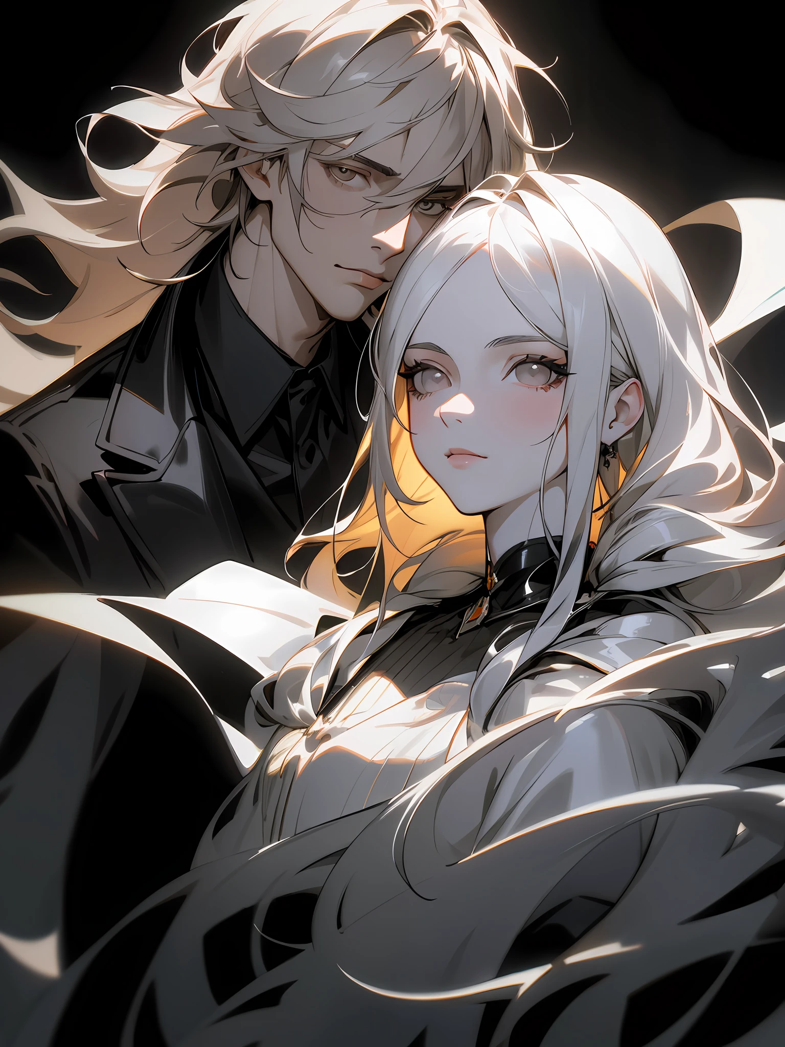 Masterpiece, Superb Clothing, (Illustration), (2 People), Handsome Young Couple, (Russian Mill Style), Fashion, Silver Hair, (Long Hair), (Messy Hair), (White Skin), (Dark Circles), Handsome, Party, Toast, Trend, Dark Gray,, Close Up, (Grand Background), (Chiaroscuro)), Fine Face Details, Facial Details, Cinematic Lighting, (Depth of Field), UHD, (Upper Body), Black Background