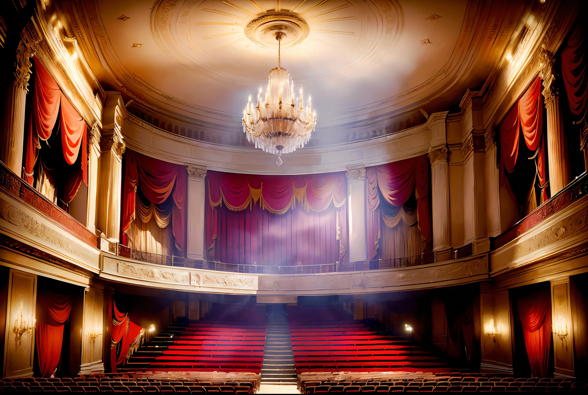 a professional photograph of inside a luxury renaissance Paris's grand opera house the L'Odeon, exquisite details and textures, classical ceiling painting, dramatic lighting, light shafts, red stage curtain, interior decoration details, decoration design drawing